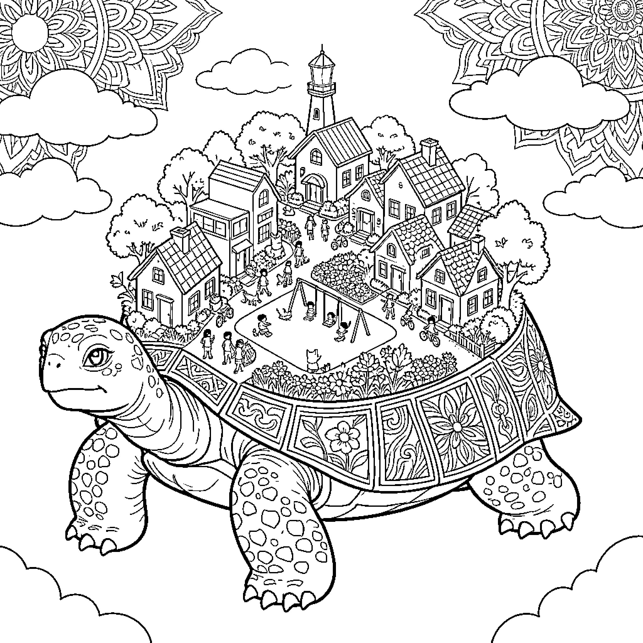 Turtle carrying a quaint village on its back Coloring Page (free black-and-white line drawing printable PDF for all, from beginners to advanced learners, including children, teens, adults, and seniors)