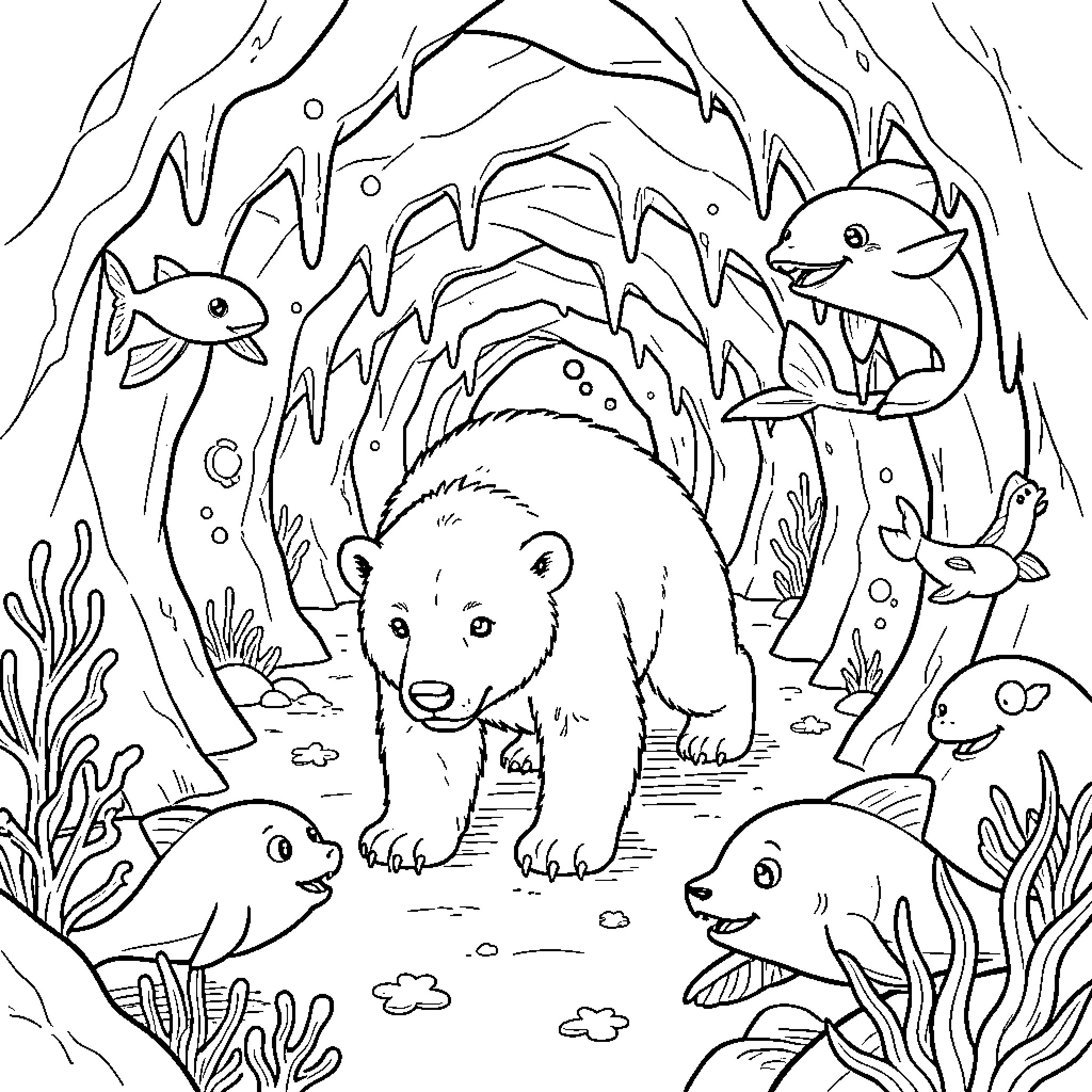 Polar Bear walking through an underwater cave with sea creatures Coloring Page (free black-and-white line drawing printable PDF for all, from beginners to advanced learners, including children, teens, adults, and seniors)
