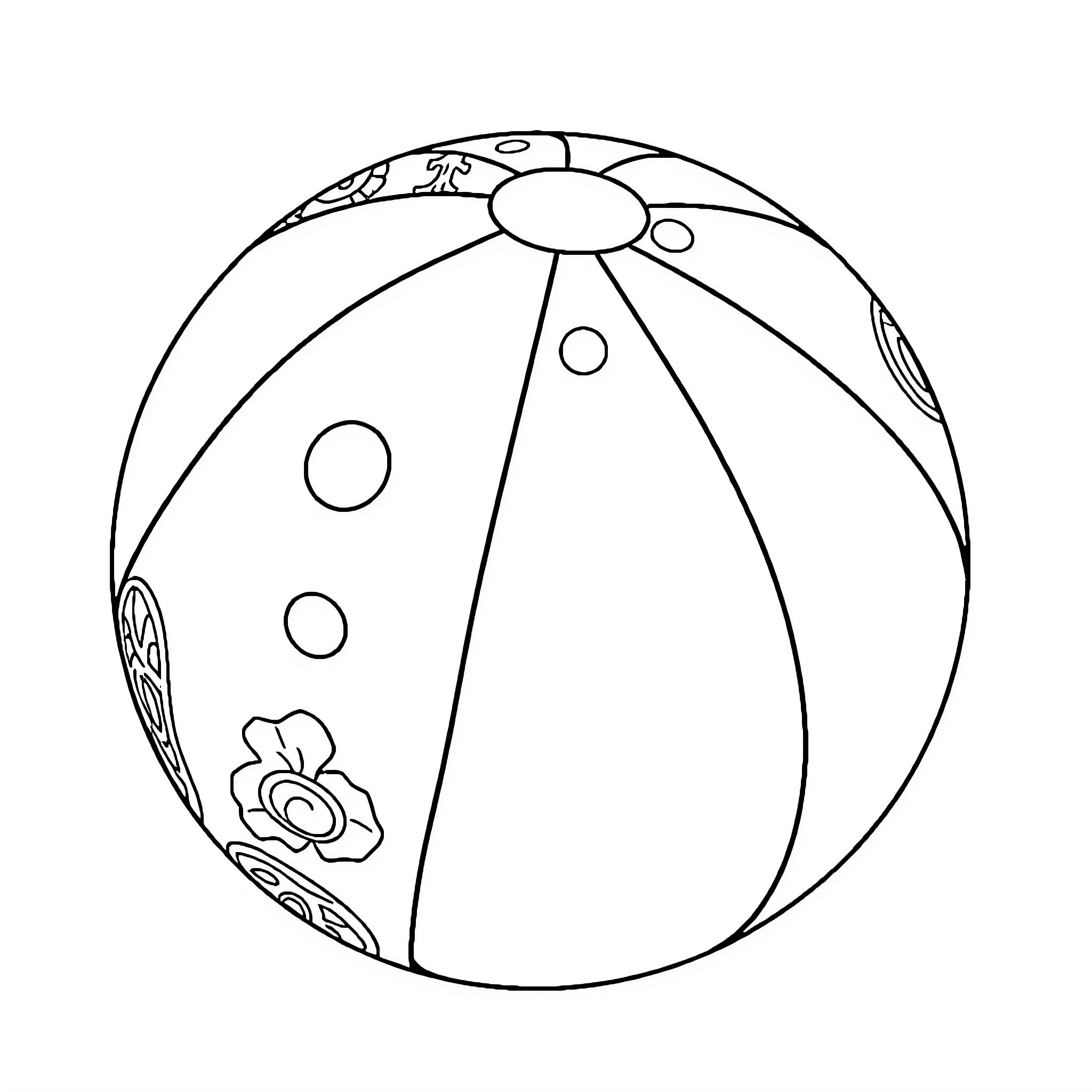 Beach Ball with Floral Patterns Coloring Page (free black-and-white line drawing printable PDF for all, from beginners to advanced learners, including children, teens, adults, and seniors)