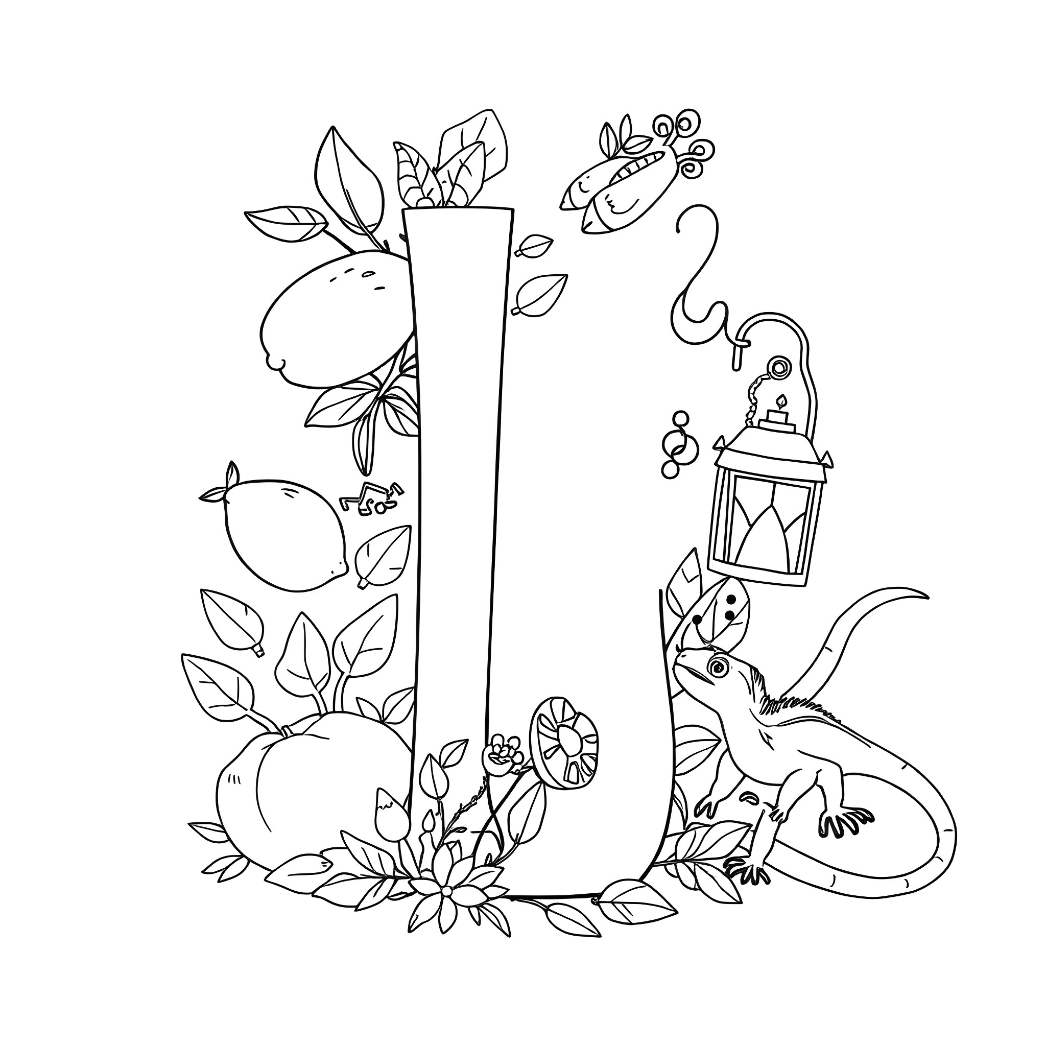 Letter L with Nature Inspired Doodles and Animals Coloring Page (free black-and-white line drawing printable PDF for all, from beginners to advanced learners, including children, teens, adults, and seniors)