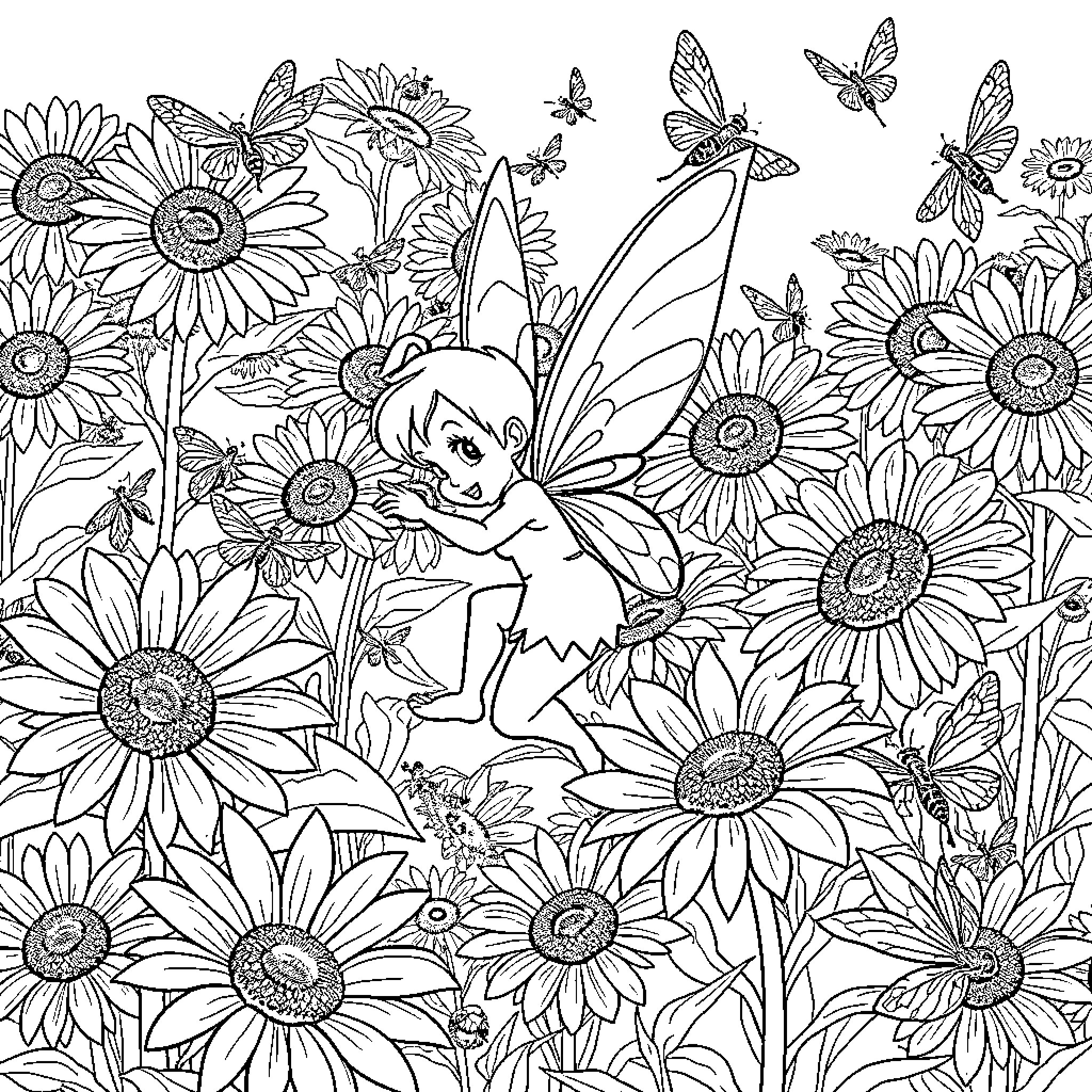 Tinkerbell playing in a field of sunflowers and butterflies Coloring Page (free black-and-white line drawing printable PDF for all, from beginners to advanced learners, including children, teens, adults, and seniors)