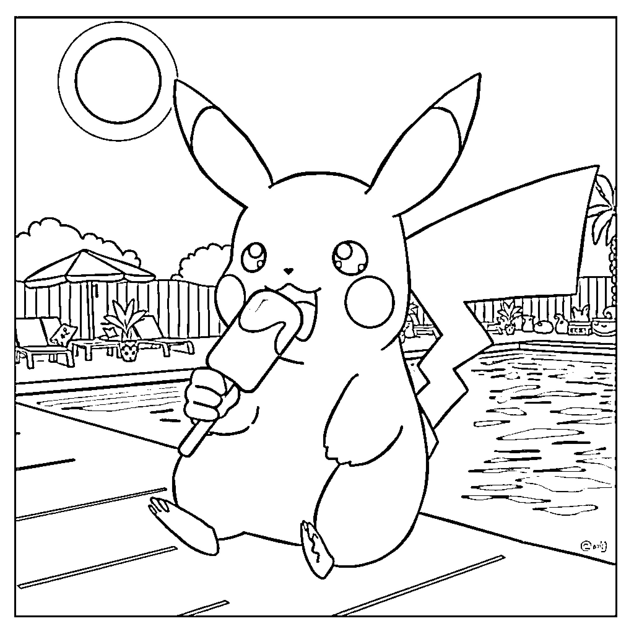 Pikachu exploring the lively outdoor scene Coloring Page (free black-and-white line drawing printable PDF for all, from beginners to advanced learners, including children, teens, adults, and seniors)