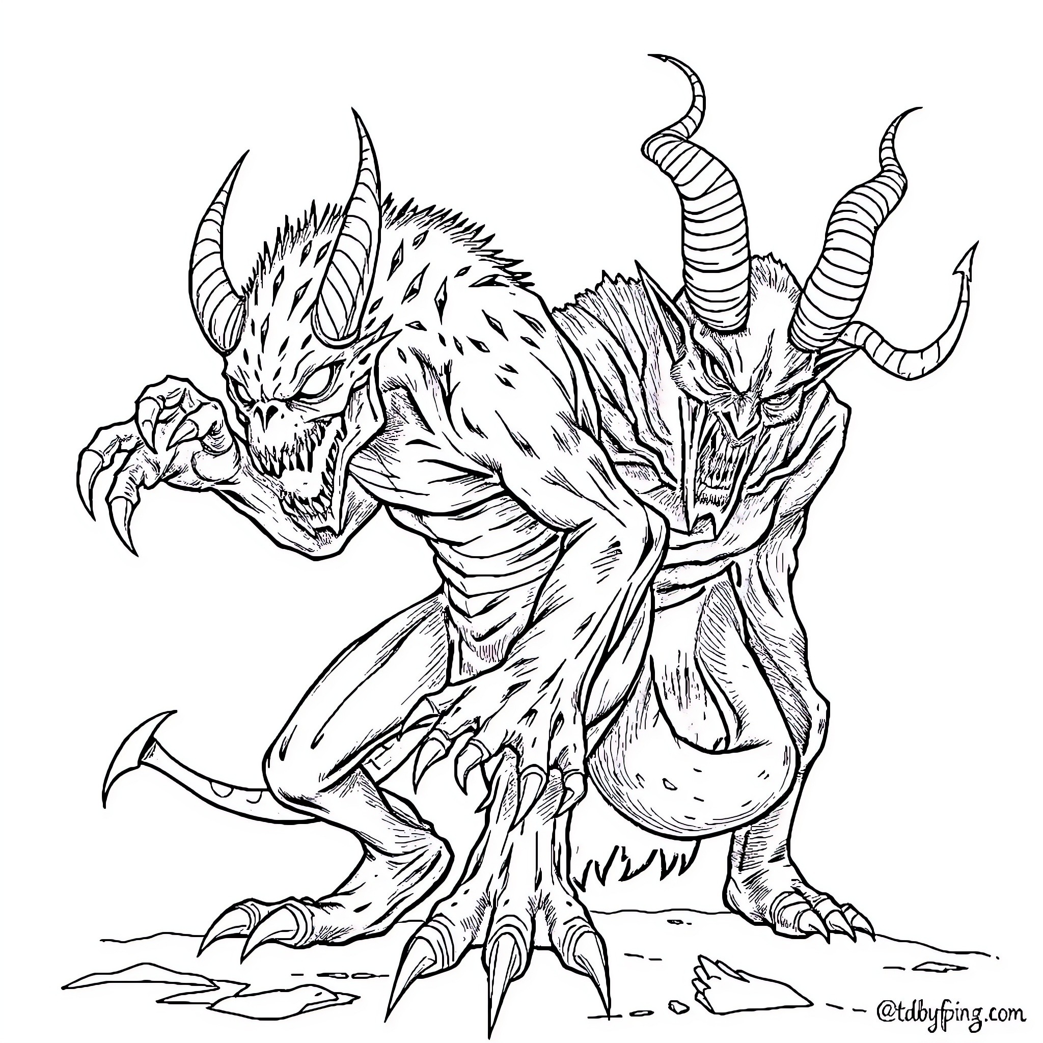 Monster Demon Creature with Horns and Claws Coloring Page (free black-and-white line drawing printable PDF for all, from beginners to advanced learners, including children, teens, adults, and seniors)