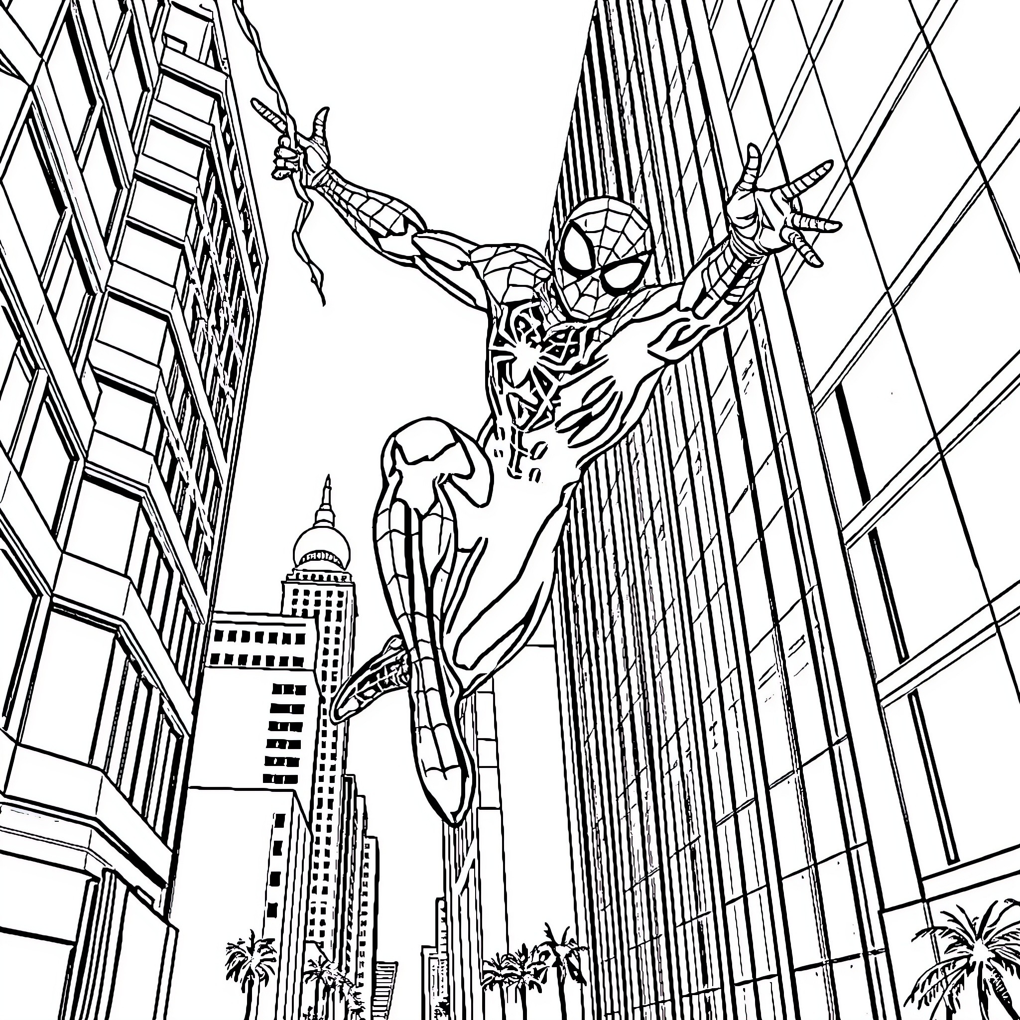 Spiderman swinging heroically through the city Coloring Page (free black-and-white line drawing printable PDF for all, from beginners to advanced learners, including children, teens, adults, and seniors)