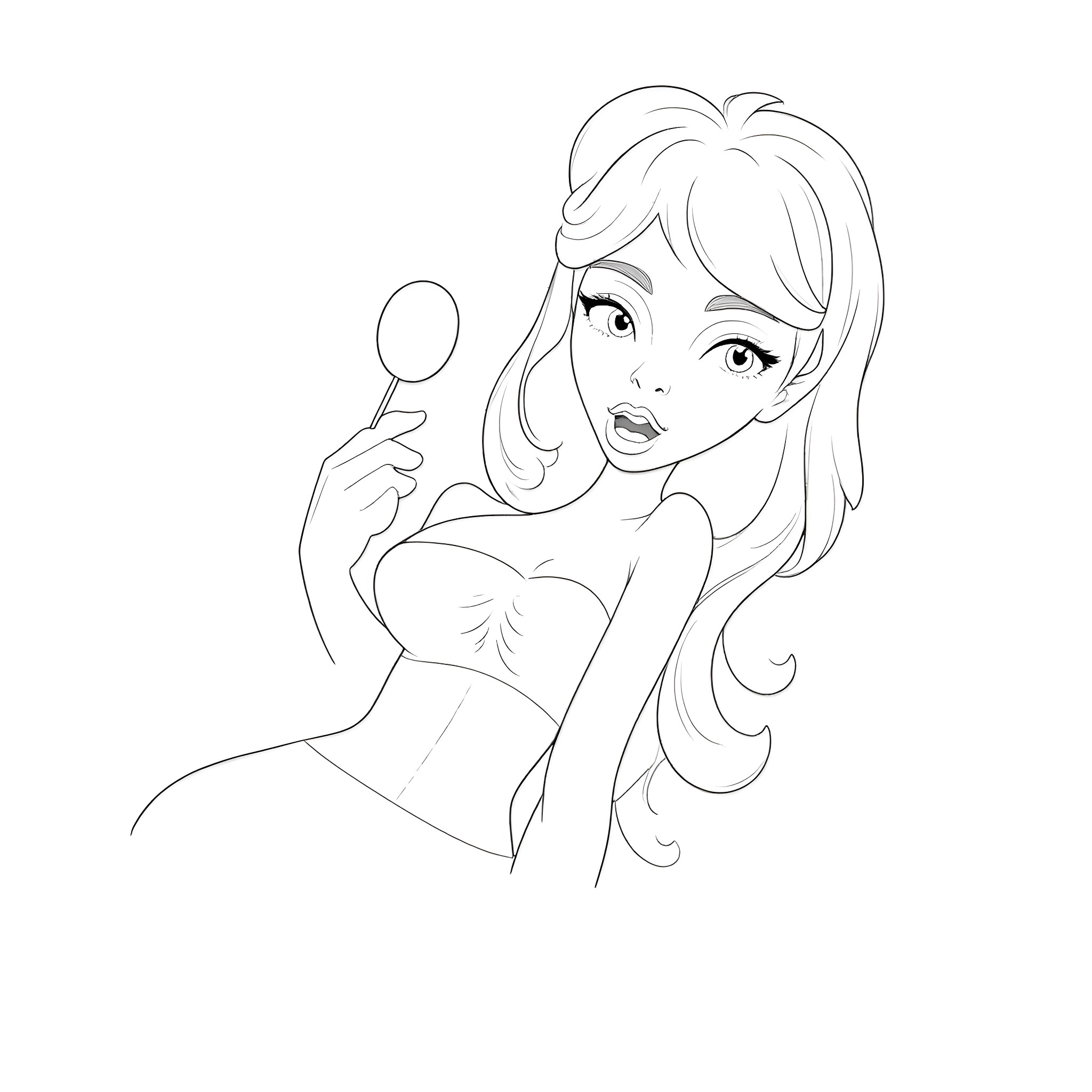 Woman applying makeup with thoughtful expression Coloring Page (free black-and-white line drawing printable PDF for all, from beginners to advanced learners, including children, teens, adults, and seniors)
