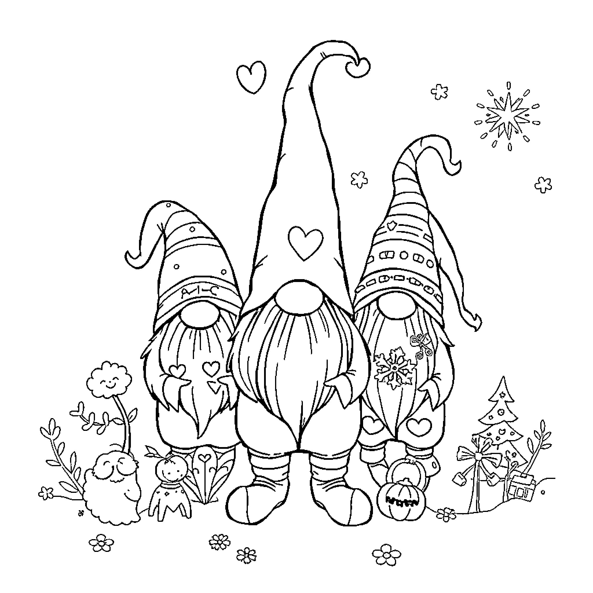 Gnome friends celebrating joyfully with hearts and fireworks Coloring Page (free black-and-white line drawing printable PDF for all, from beginners to advanced learners, including children, teens, adults, and seniors)