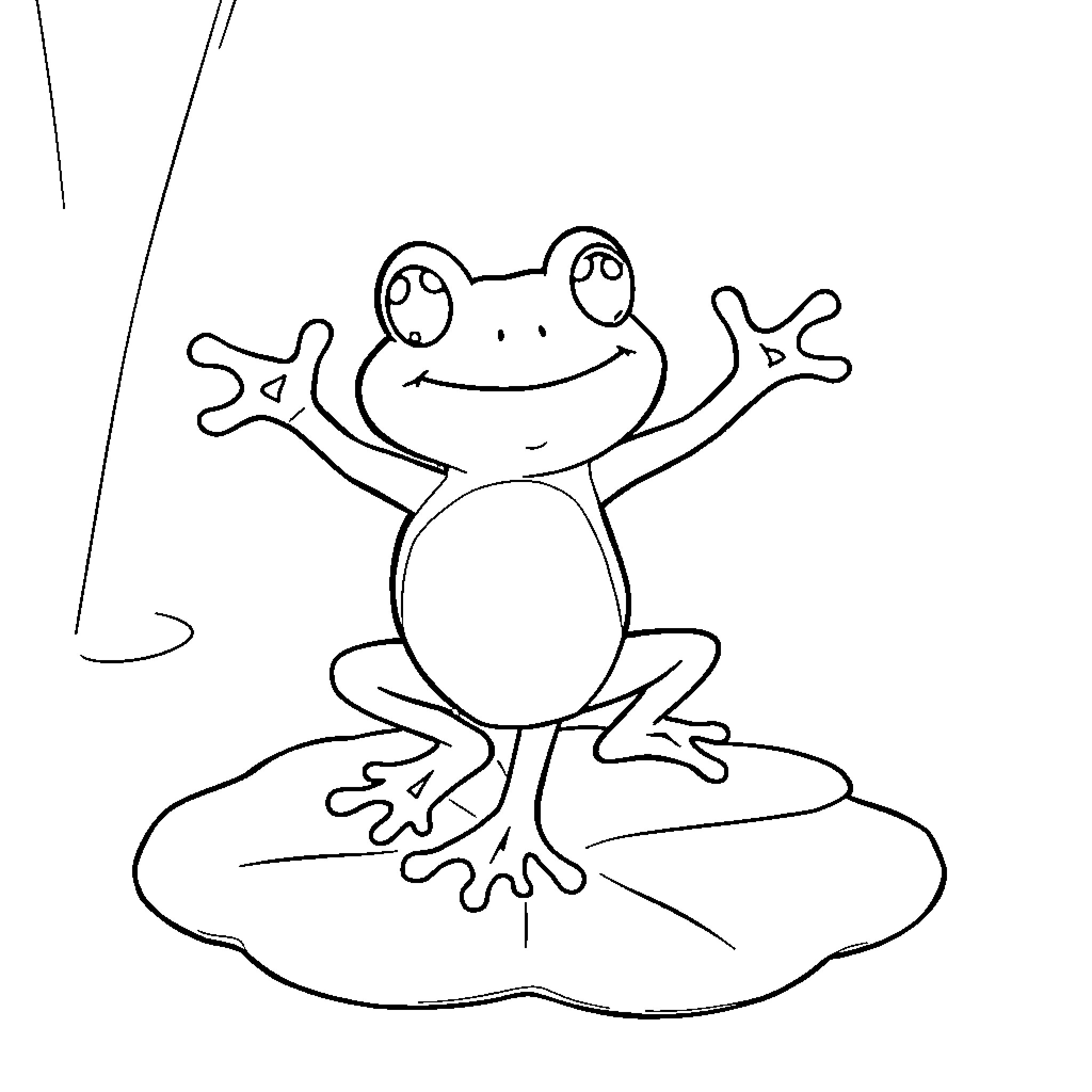 Frog happily sitting on lily pad Coloring Page (free black-and-white line drawing printable PDF for all, from beginners to advanced learners, including children, teens, adults, and seniors)