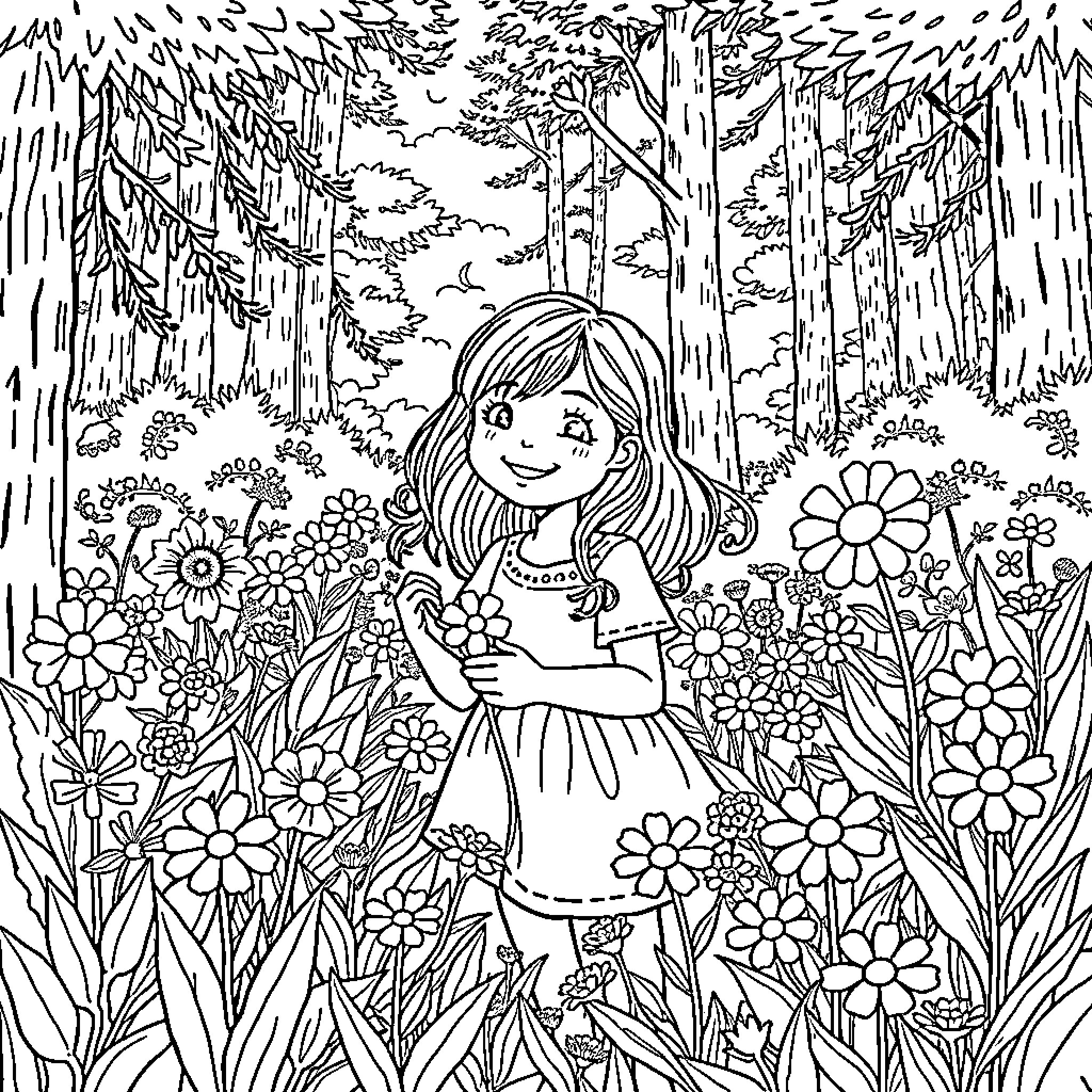 Girl exploring the enchanting forest with flowers Coloring Page (free black-and-white line drawing printable PDF for all, from beginners to advanced learners, including children, teens, adults, and seniors)