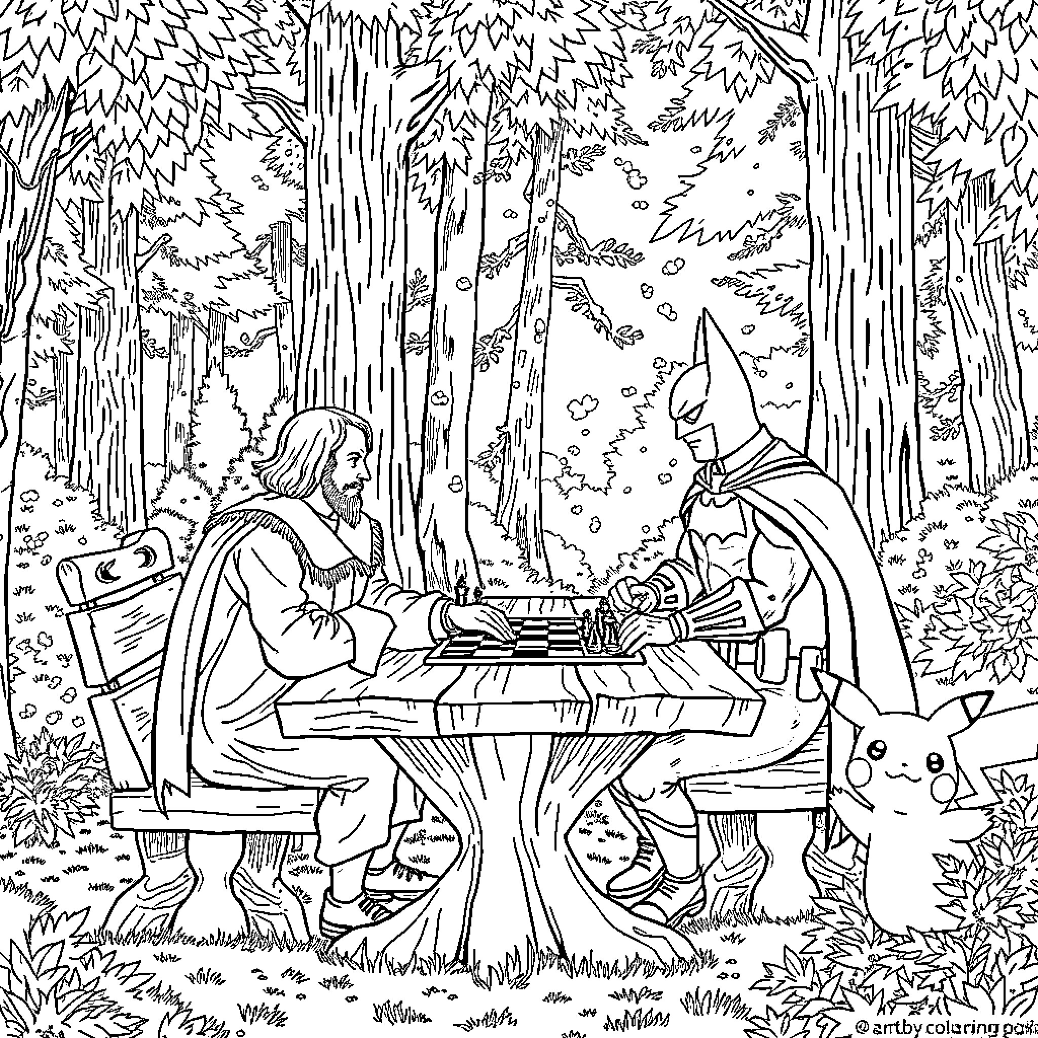Shakespeare's Woodland Chess Match Coloring Page (free black-and-white line drawing printable PDF for all, from beginners to advanced learners, including children, teens, adults, and seniors)