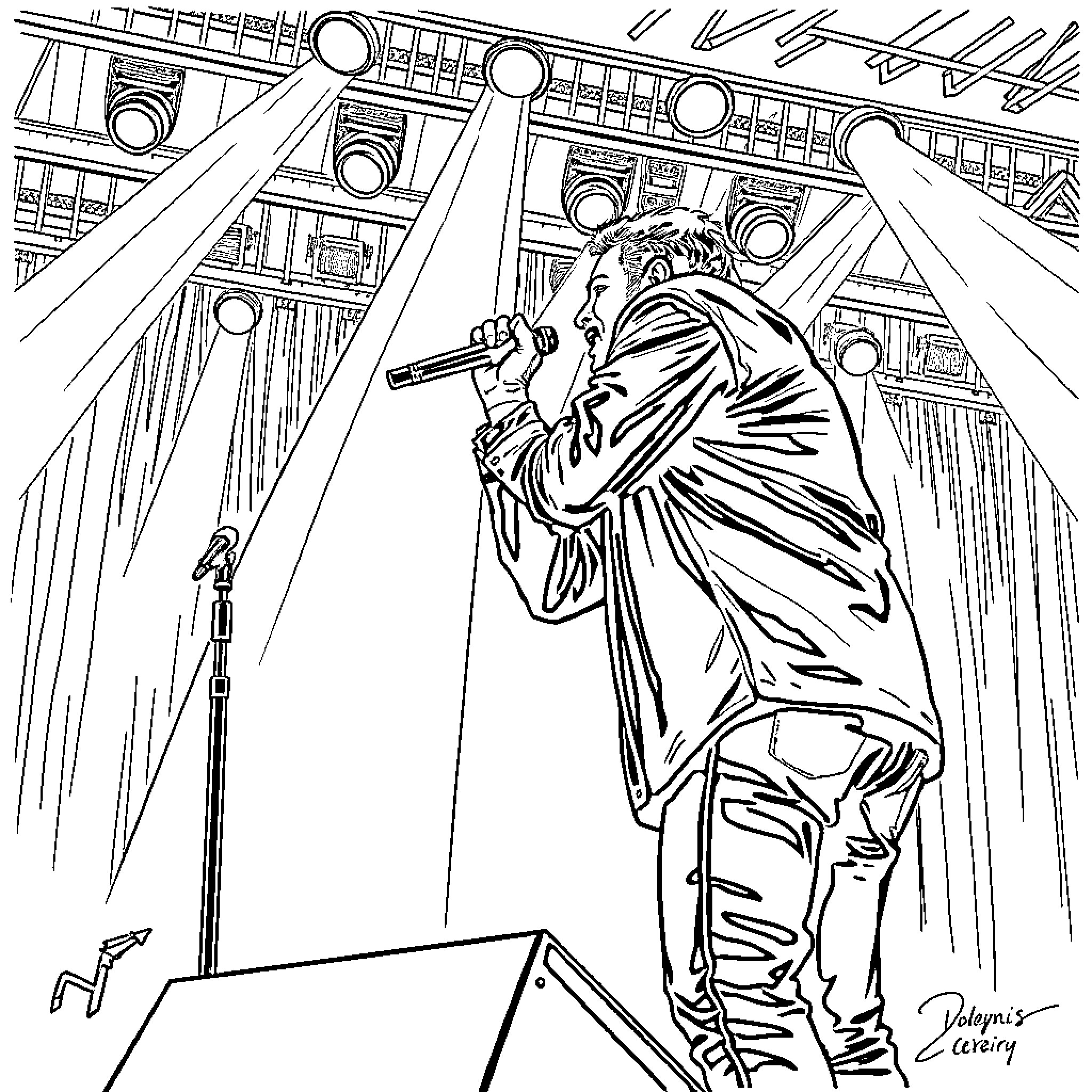 Morgan Wallen performing energetically on stage Coloring Page (free black-and-white line drawing printable PDF for all, from beginners to advanced learners, including children, teens, adults, and seniors)