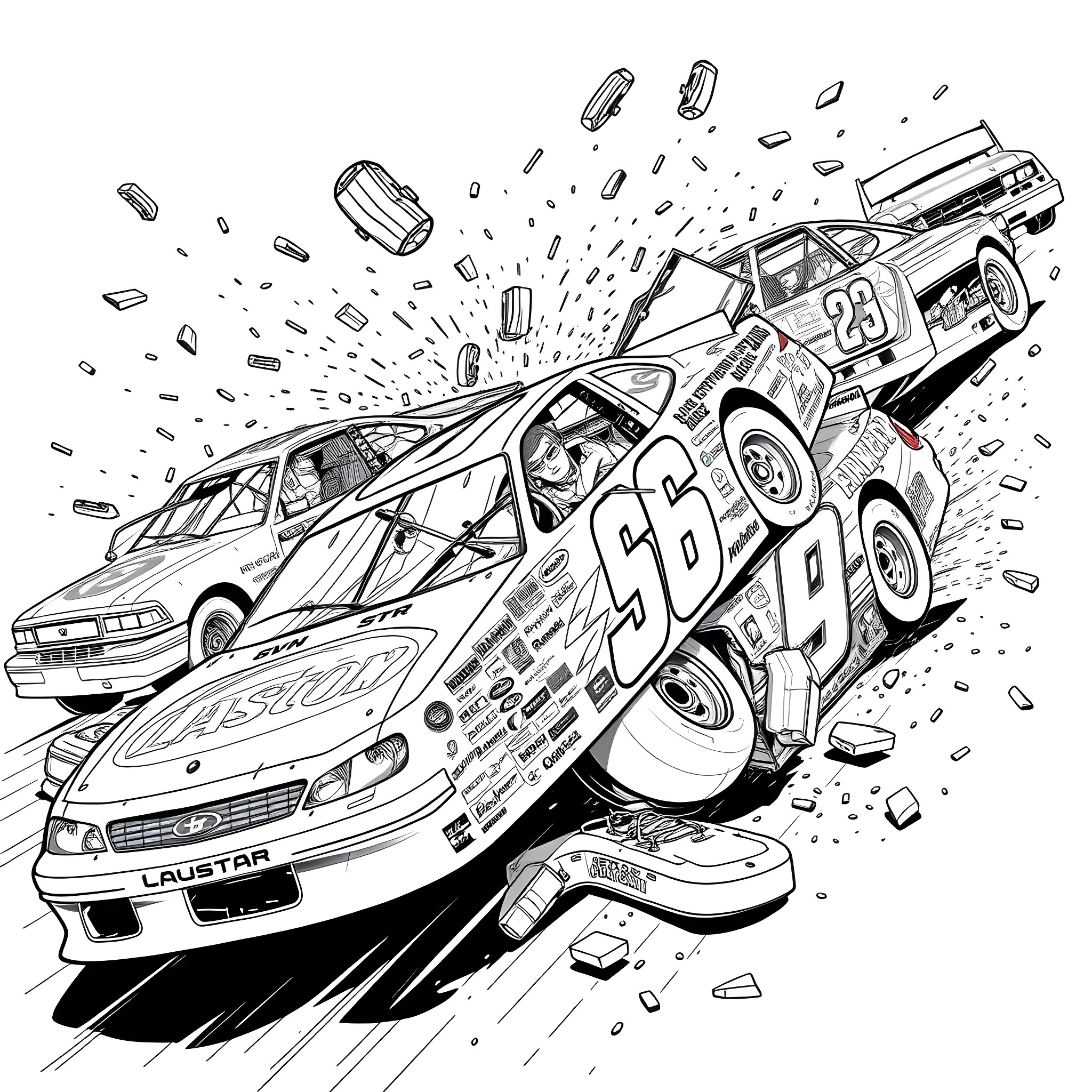 Nascar racing cars crashing and exploding Coloring Page (free black-and-white line drawing printable PDF for all, from beginners to advanced learners, including children, teens, adults, and seniors)