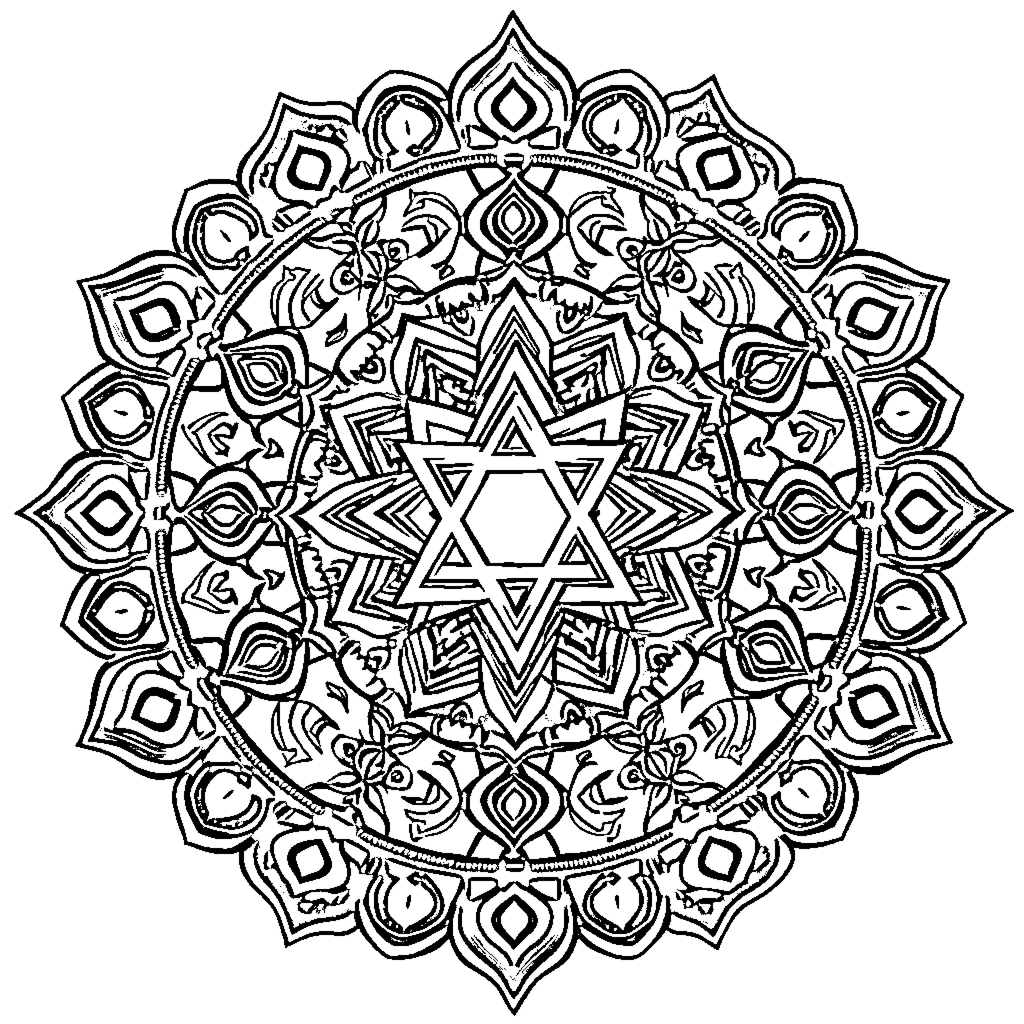 Mandala with intricate geometric patterns and Star of David Coloring Page (free black-and-white line drawing printable PDF for all, from beginners to advanced learners, including children, teens, adults, and seniors)