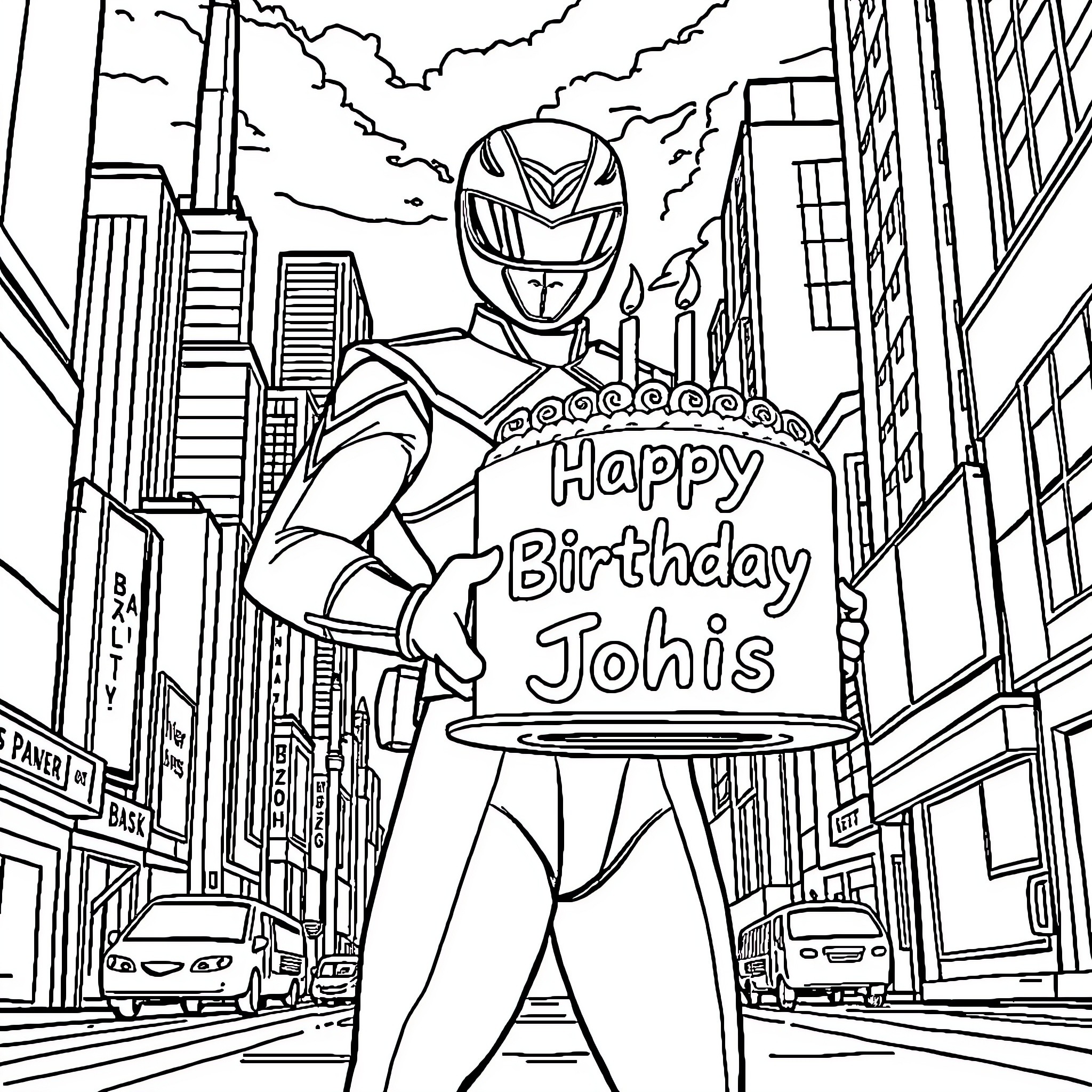 Power Ranger Delivering Birthday Wishes in City Coloring Page (free black-and-white line drawing printable PDF for all, from beginners to advanced learners, including children, teens, adults, and seniors)