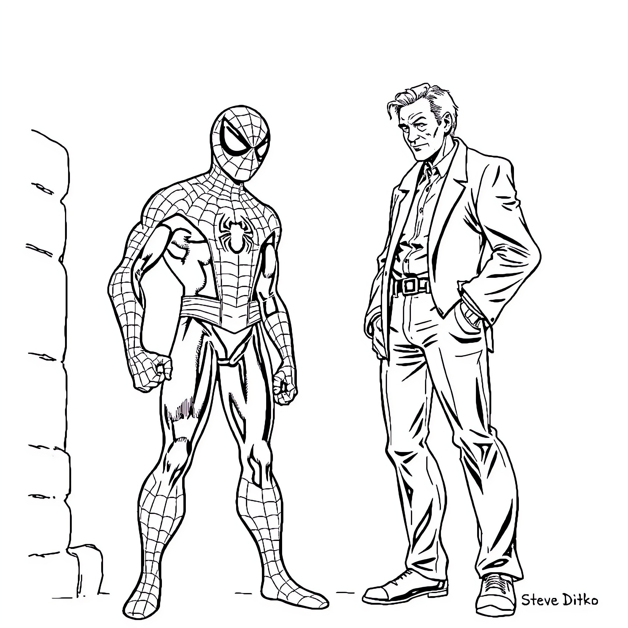 Spider-Man and Businessman in Confrontation Coloring Page (free black-and-white line drawing printable PDF for all, from beginners to advanced learners, including children, teens, adults, and seniors)