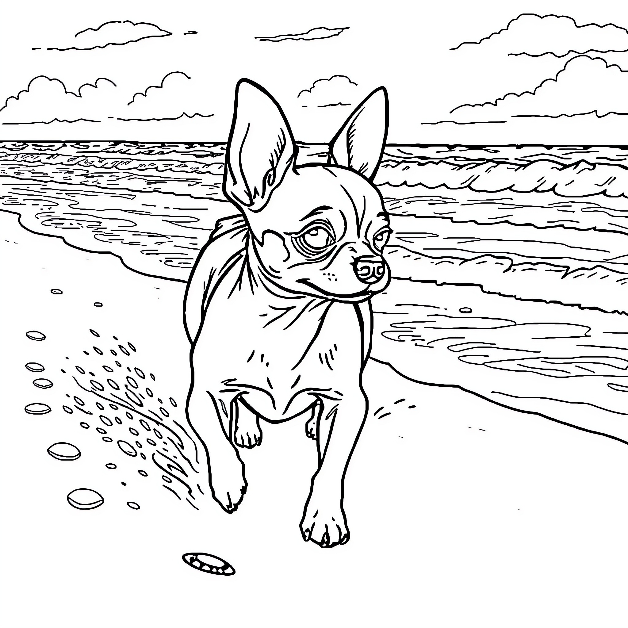 Chihuahua playing in the waves on the beach Coloring Page (free black-and-white line drawing printable PDF for all, from beginners to advanced learners, including children, teens, adults, and seniors)