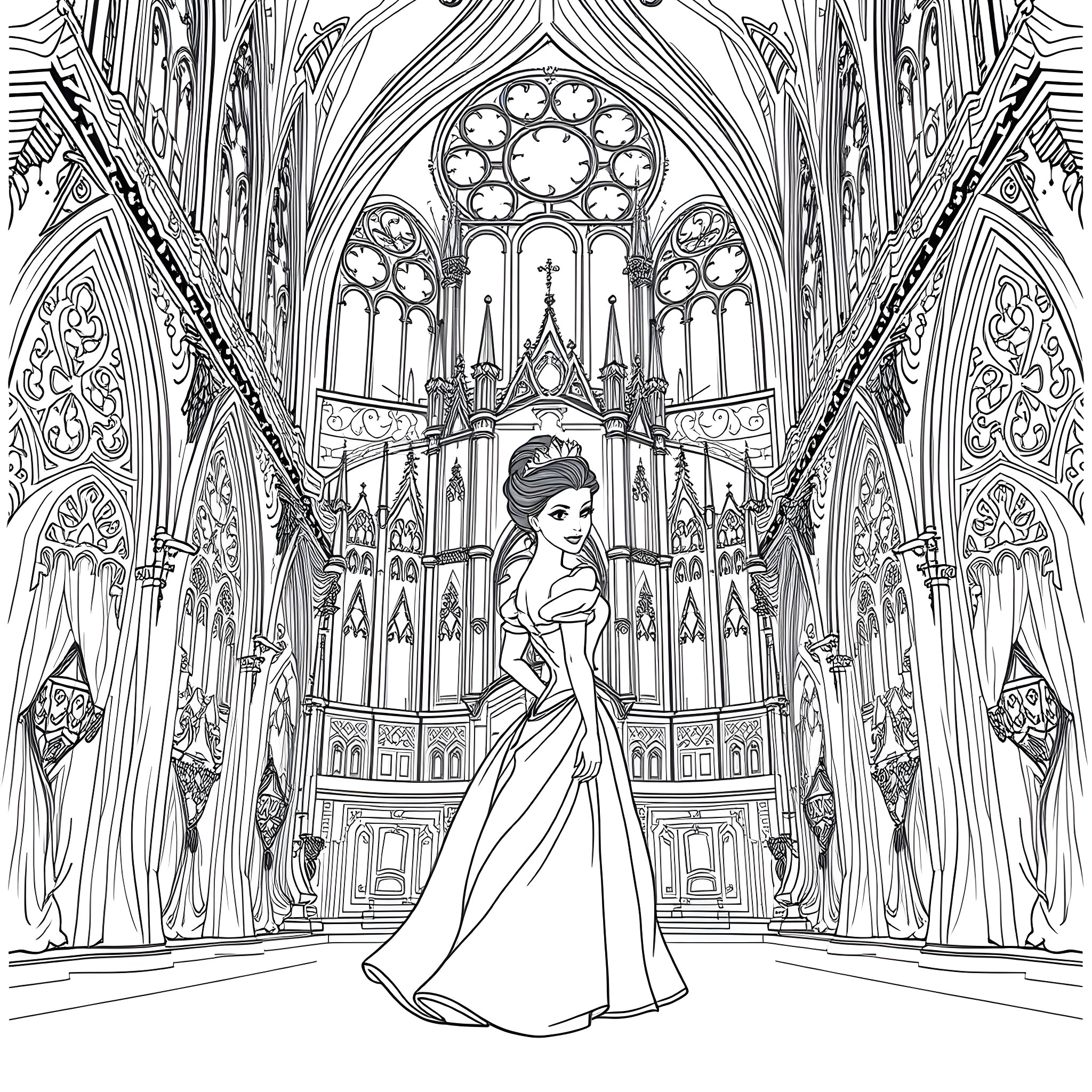 Princess in a Majestic Gothic Cathedral Coloring Page (free black-and-white line drawing printable PDF for all, from beginners to advanced learners, including children, teens, adults, and seniors)
