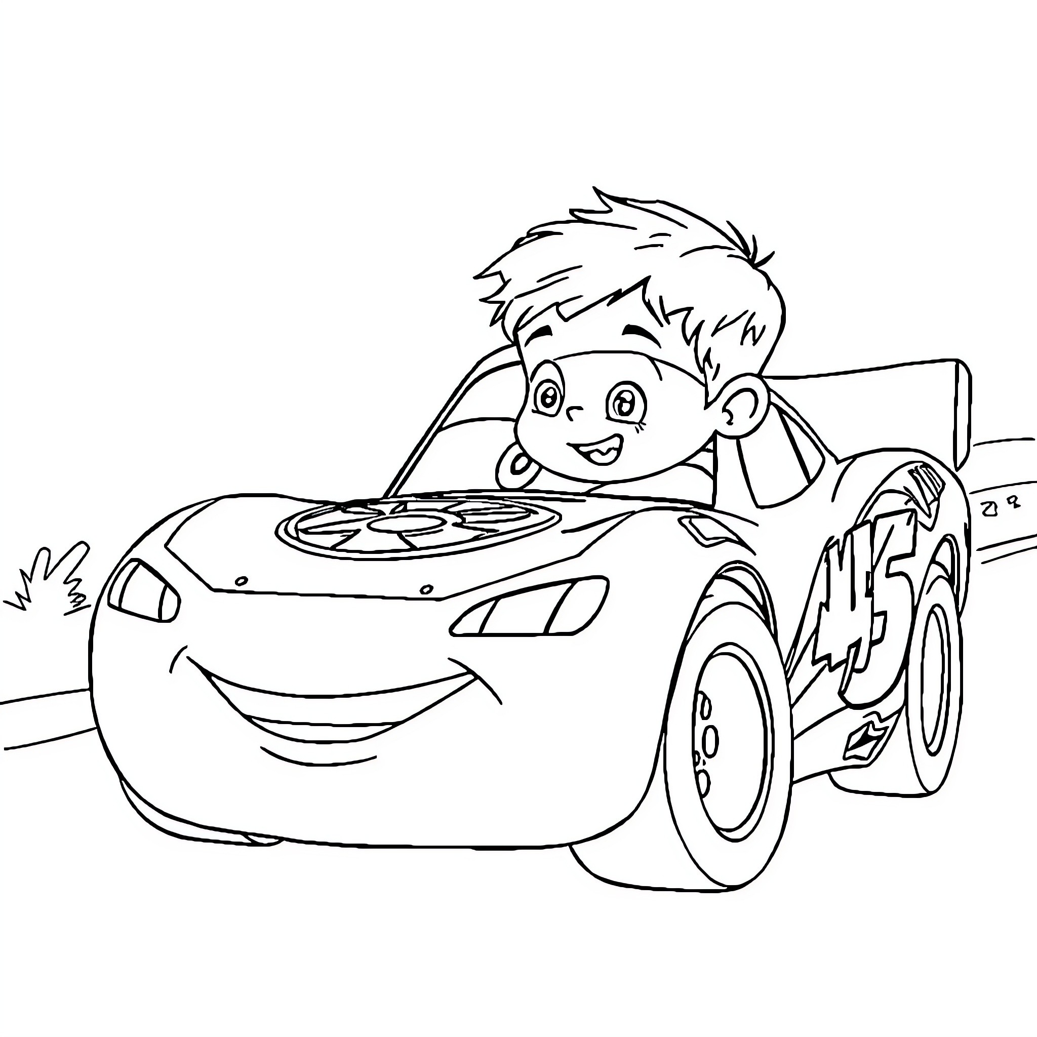 Niño riding a race car joyfully Coloring Page (free black-and-white line drawing printable PDF for all, from beginners to advanced learners, including children, teens, adults, and seniors)