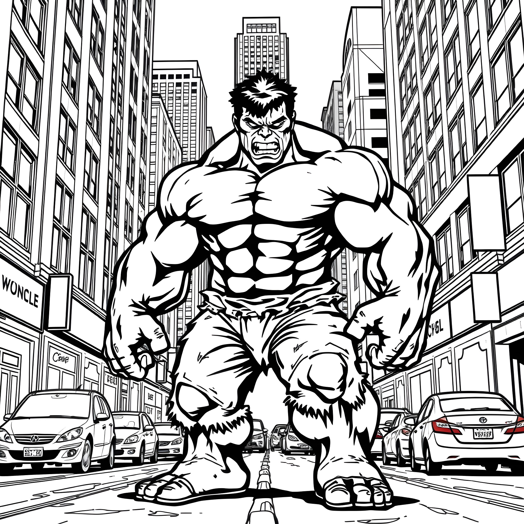 Hulk rampaging through the city streets Coloring Page (free black-and-white line drawing printable PDF for all, from beginners to advanced learners, including children, teens, adults, and seniors)