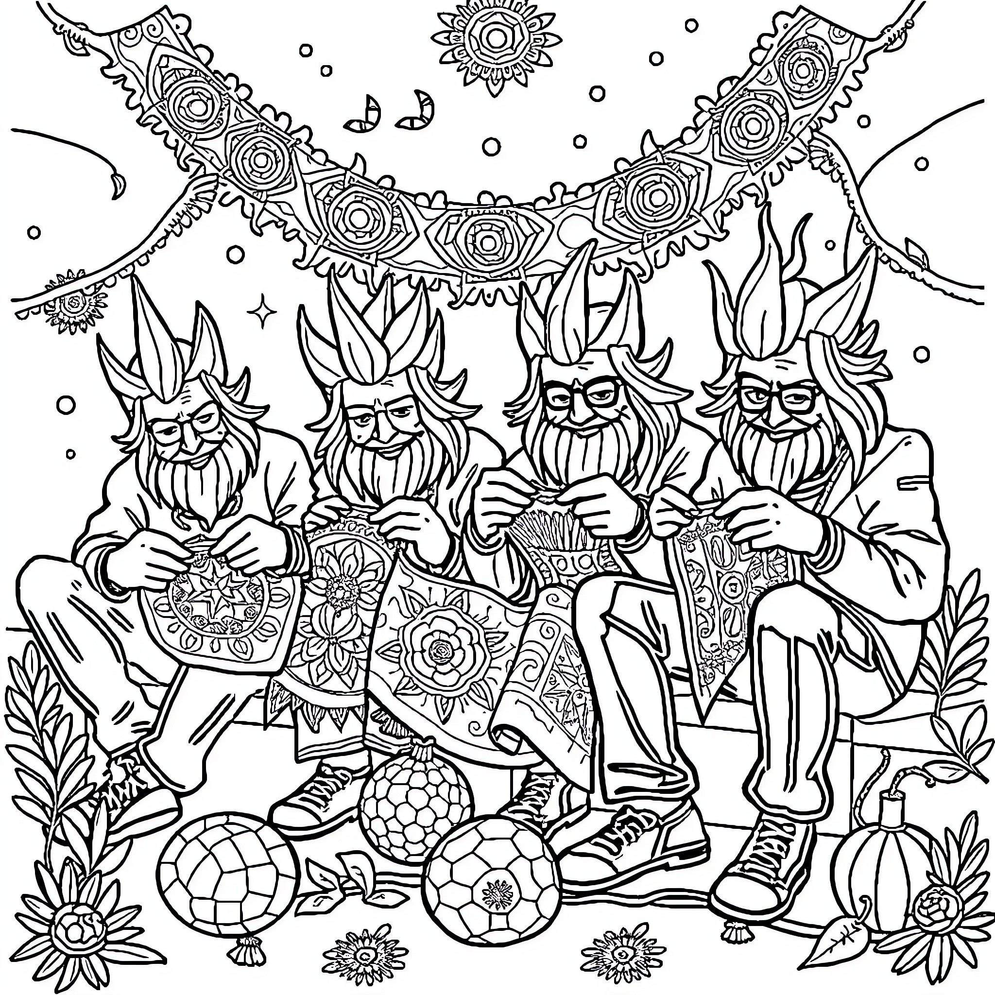 Crochet Creatures Crafting Whimsical Garlands Coloring Page (free black-and-white line drawing printable PDF for all, from beginners to advanced learners, including children, teens, adults, and seniors)