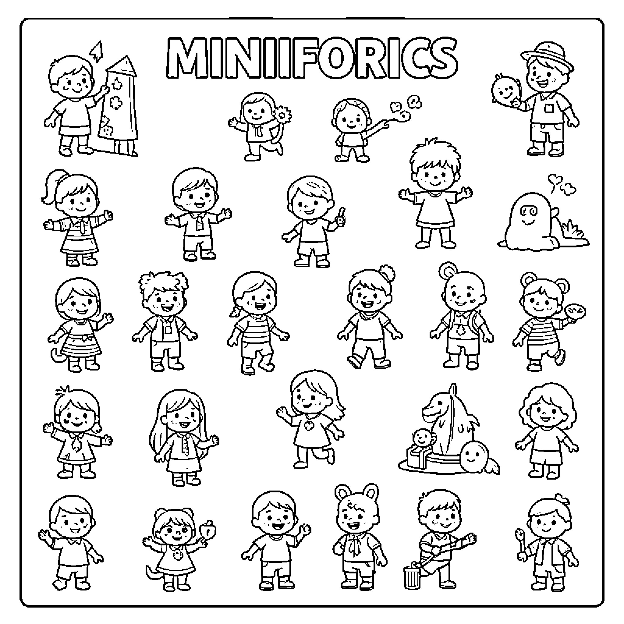 Miniforics featuring diverse happy children in various poses Coloring Page (free black-and-white line drawing printable PDF for all, from beginners to advanced learners, including children, teens, adults, and seniors)