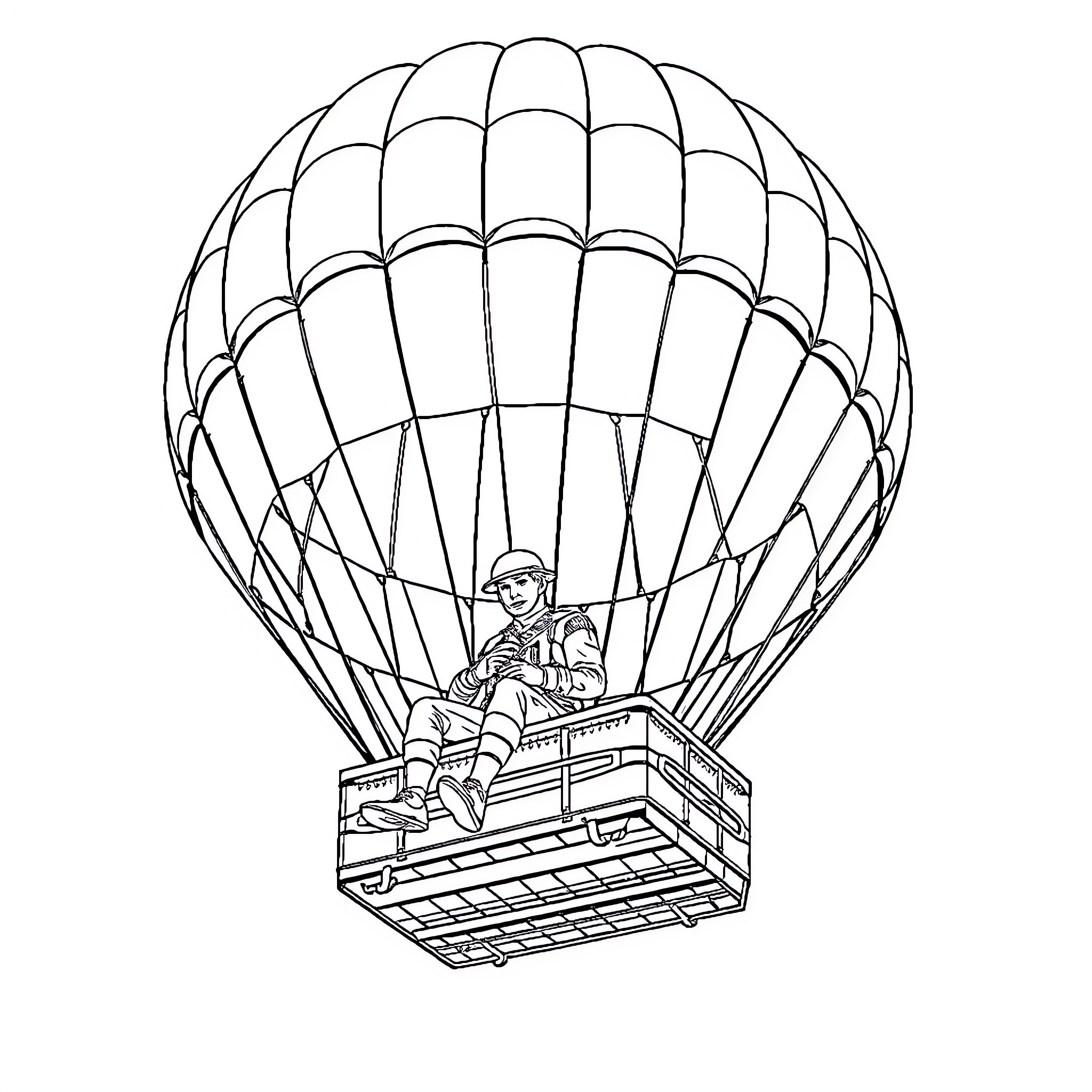 Gendarme riding a hot air balloon Coloring Page (free black-and-white line drawing printable PDF for all, from beginners to advanced learners, including children, teens, adults, and seniors)