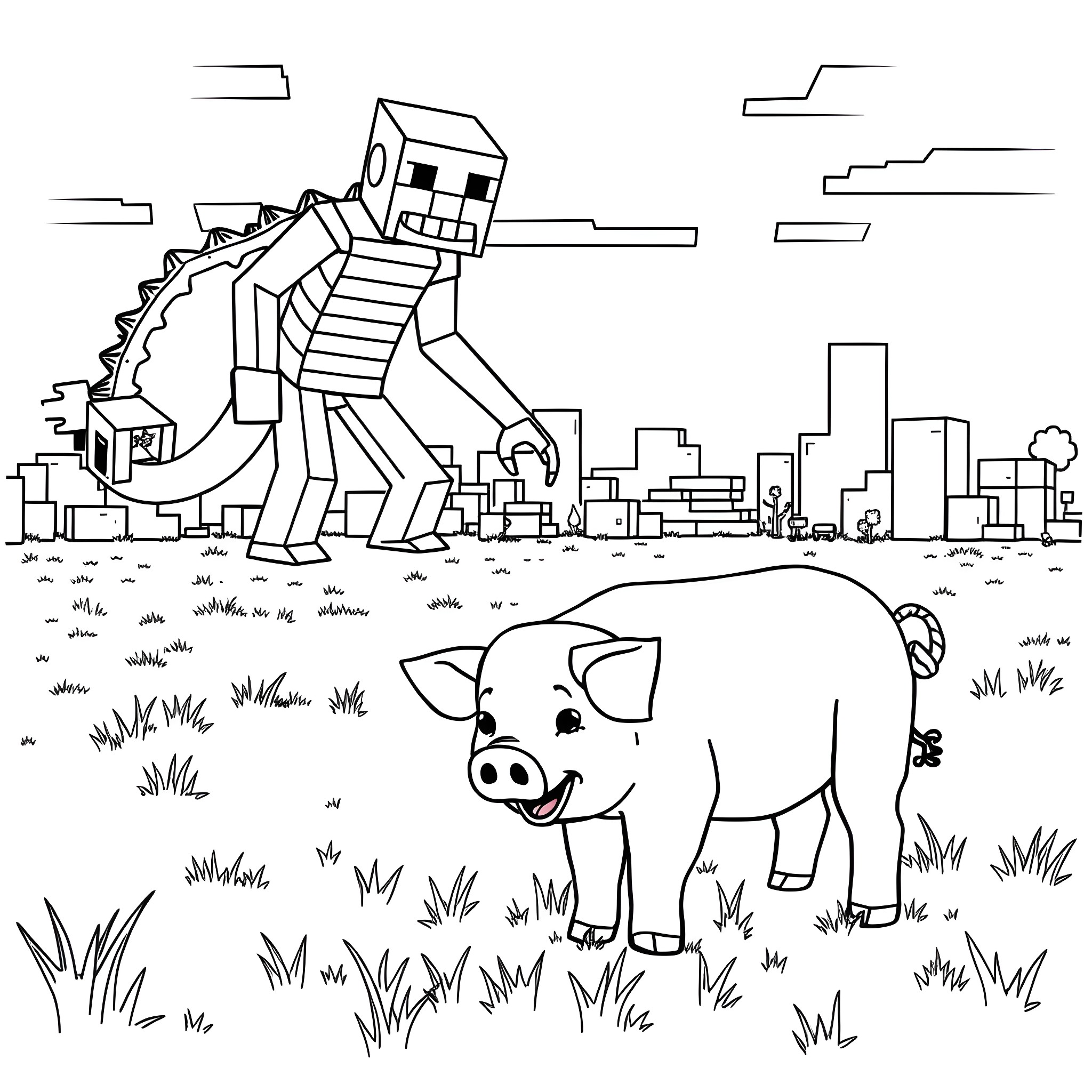 Minecraft Pig wandering in the grassy countryside Coloring Page (free black-and-white line drawing printable PDF for all, from beginners to advanced learners, including children, teens, adults, and seniors)