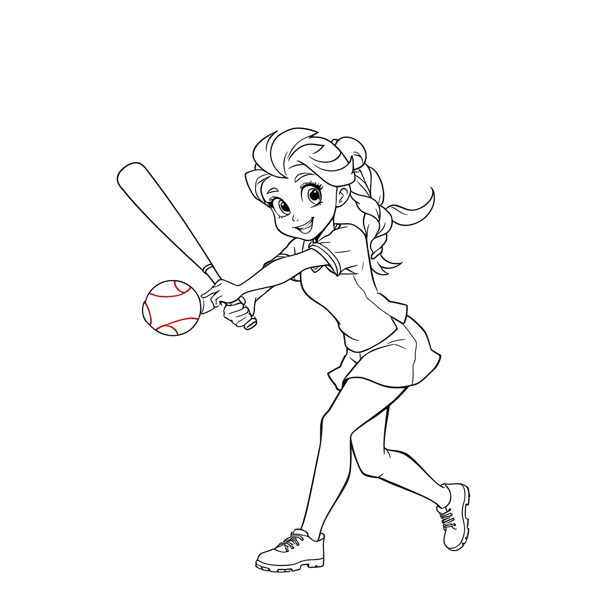 Elsa playing baseball with enthusiasm Coloring Page (free black-and-white line drawing printable PDF for all, from beginners to advanced learners, including children, teens, adults, and seniors)