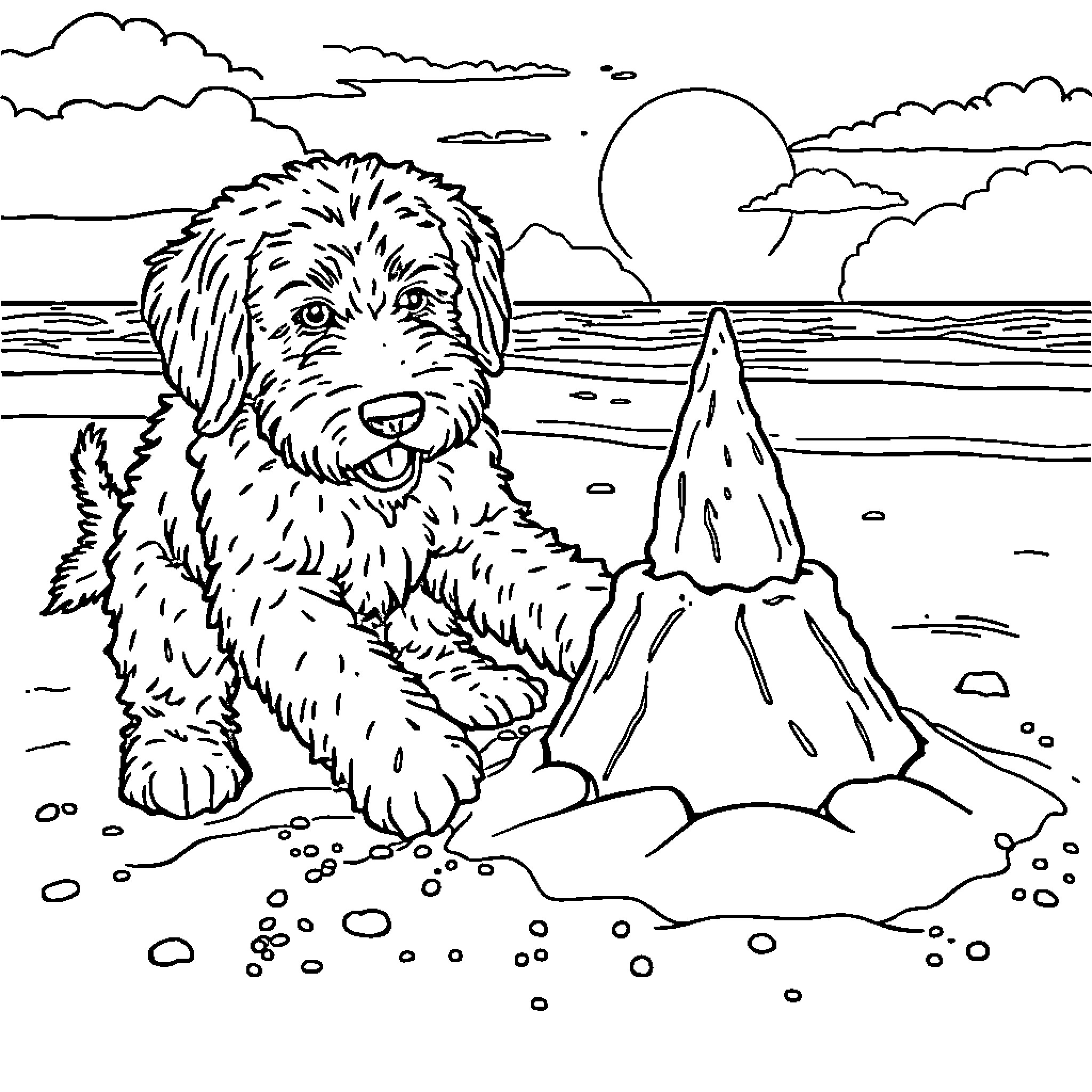 Labradoodle enjoying the beach scenery Coloring Page (free black-and-white line drawing printable PDF for all, from beginners to advanced learners, including children, teens, adults, and seniors)