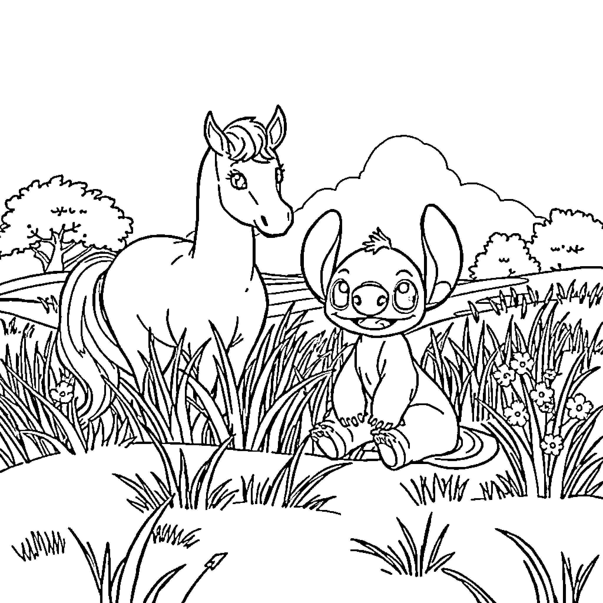 Unicorn and Mythical Creature Exploring Nature Coloring Page (free black-and-white line drawing printable PDF for all, from beginners to advanced learners, including children, teens, adults, and seniors)
