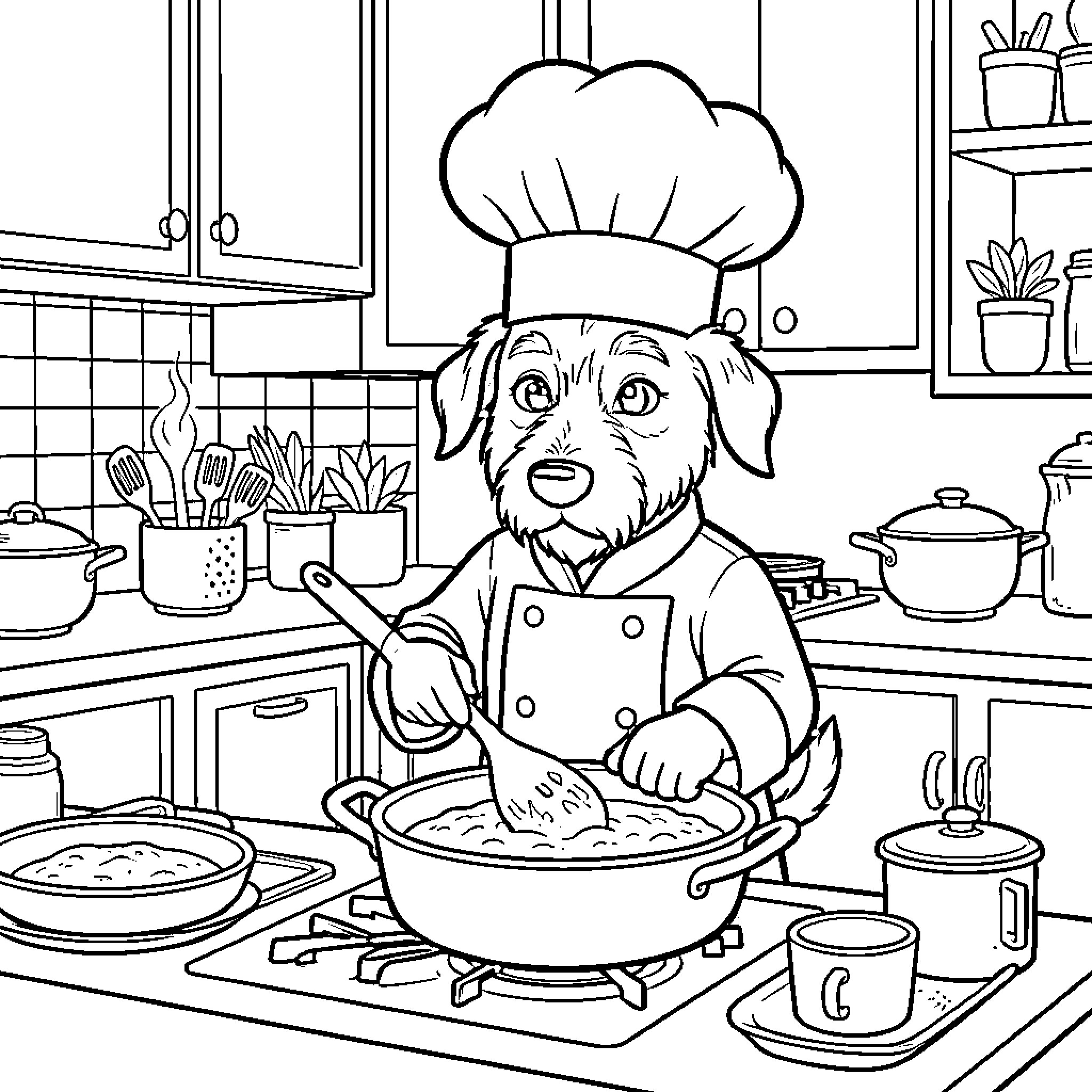 Dachshund chef cooking in the kitchen Coloring Page (free black-and-white line drawing printable PDF for all, from beginners to advanced learners, including children, teens, adults, and seniors)