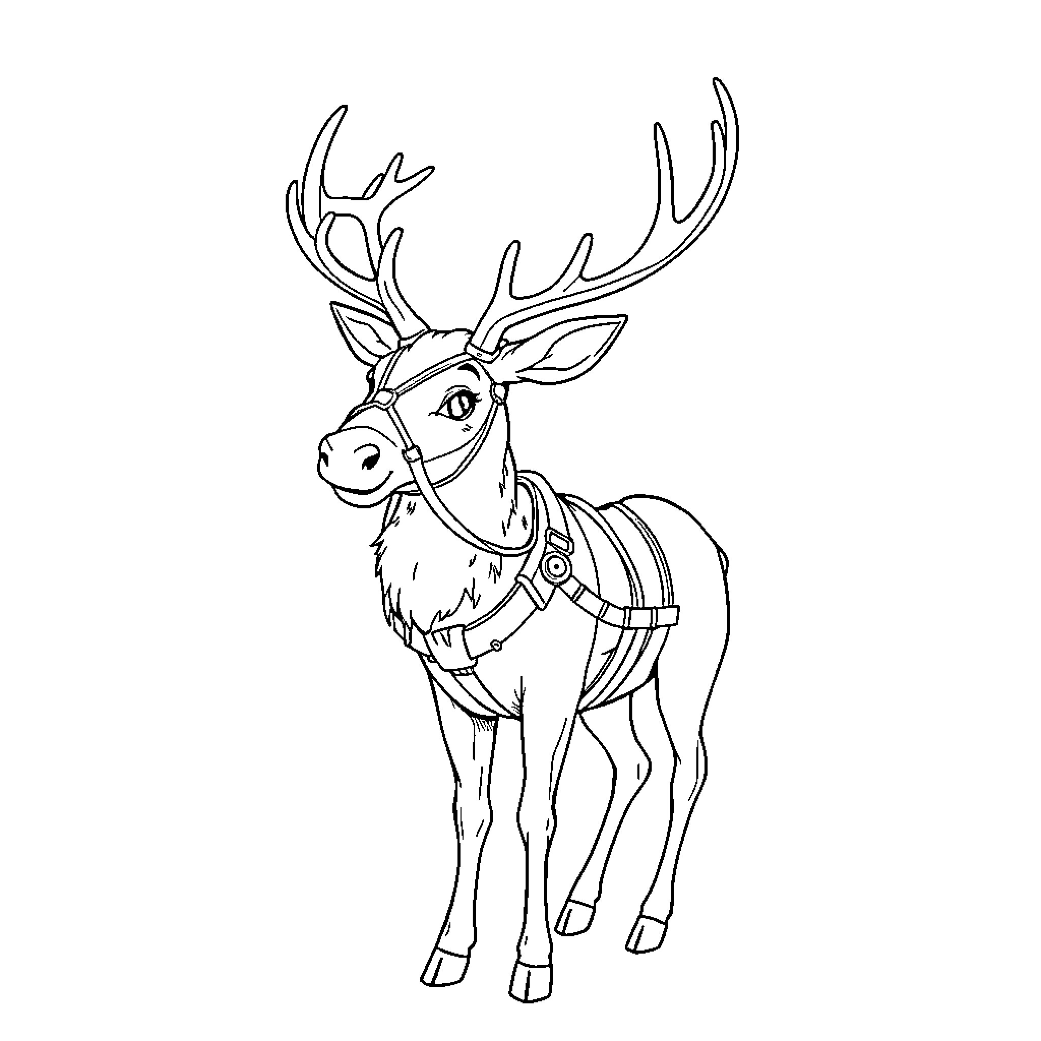 Reindeer with ornate harness and antlers Coloring Page (free black-and-white line drawing printable PDF for all, from beginners to advanced learners, including children, teens, adults, and seniors)