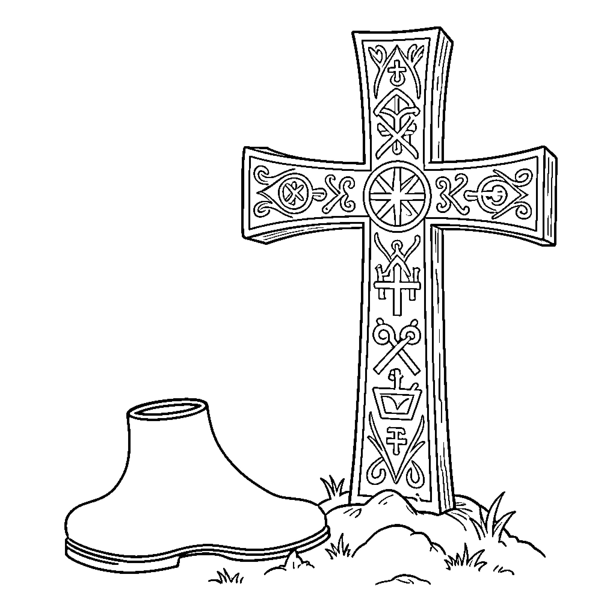Pied Noir memorial cross standing near a single boot Coloring Page (free black-and-white line drawing printable PDF for all, from beginners to advanced learners, including children, teens, adults, and seniors)