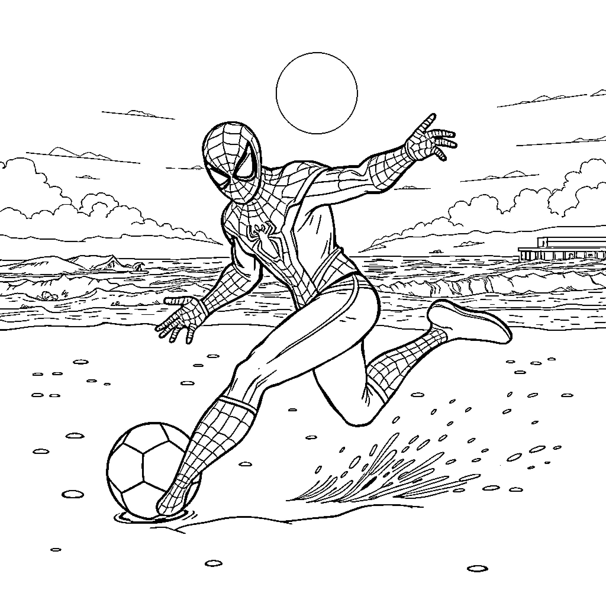 Spider-Man kicking soccer ball on the beach Coloring Page (free black-and-white line drawing printable PDF for all, from beginners to advanced learners, including children, teens, adults, and seniors)
