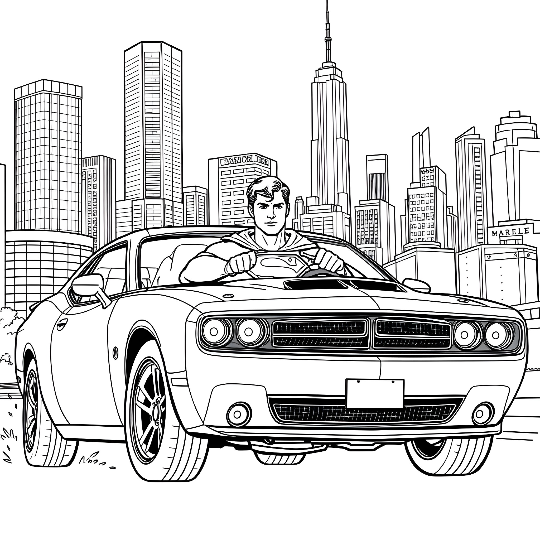 Superman driving a powerful muscle car in the city Coloring Page (free black-and-white line drawing printable PDF for all, from beginners to advanced learners, including children, teens, adults, and seniors)