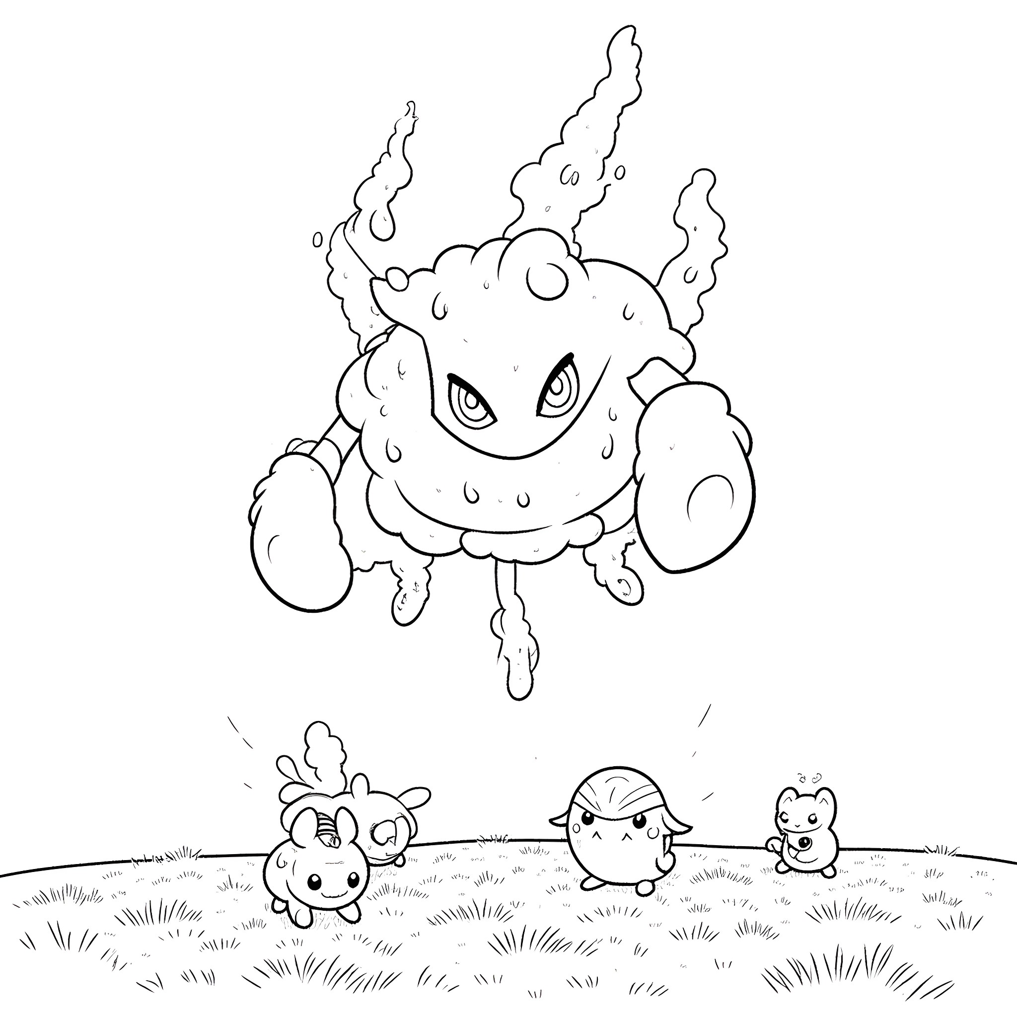 Beholder creatures in a whimsical landscape Coloring Page (free black-and-white line drawing printable PDF for all, from beginners to advanced learners, including children, teens, adults, and seniors)