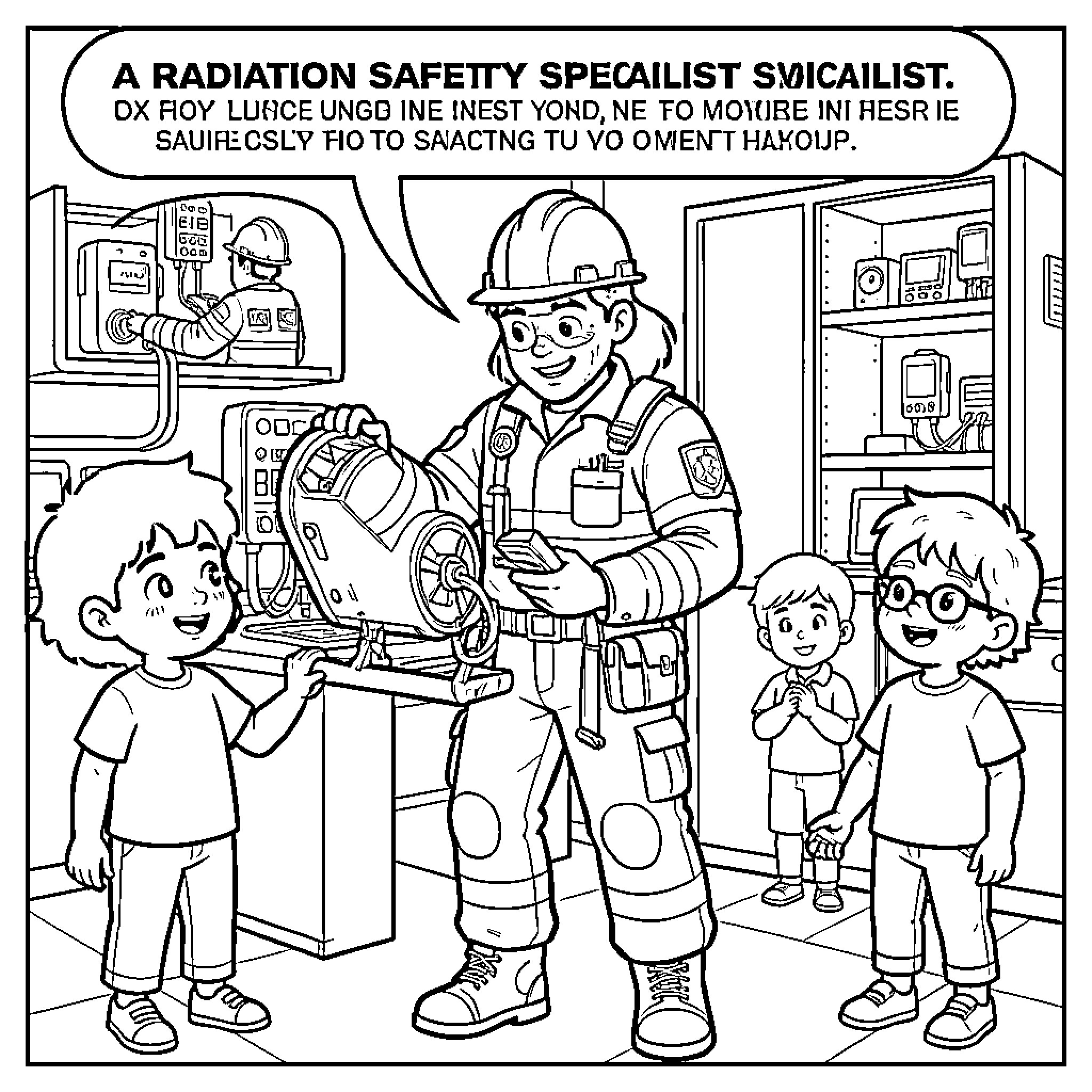 Radiation Safety Specialist demonstrating equipment to curious children Coloring Page (free black-and-white line drawing printable PDF for all, from beginners to advanced learners, including children, teens, adults, and seniors)