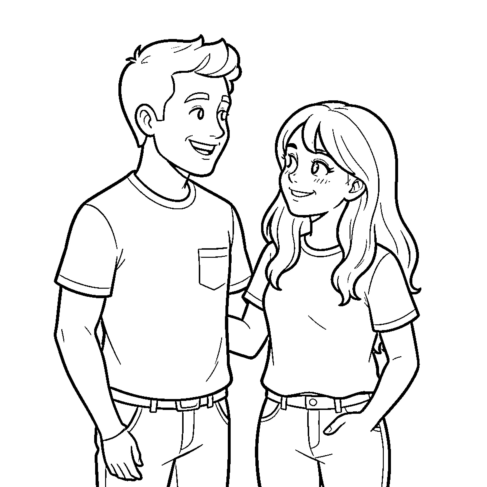 Man and Woman smiling and looking at each other Coloring Page (free black-and-white line drawing printable PDF for all, from beginners to advanced learners, including children, teens, adults, and seniors)