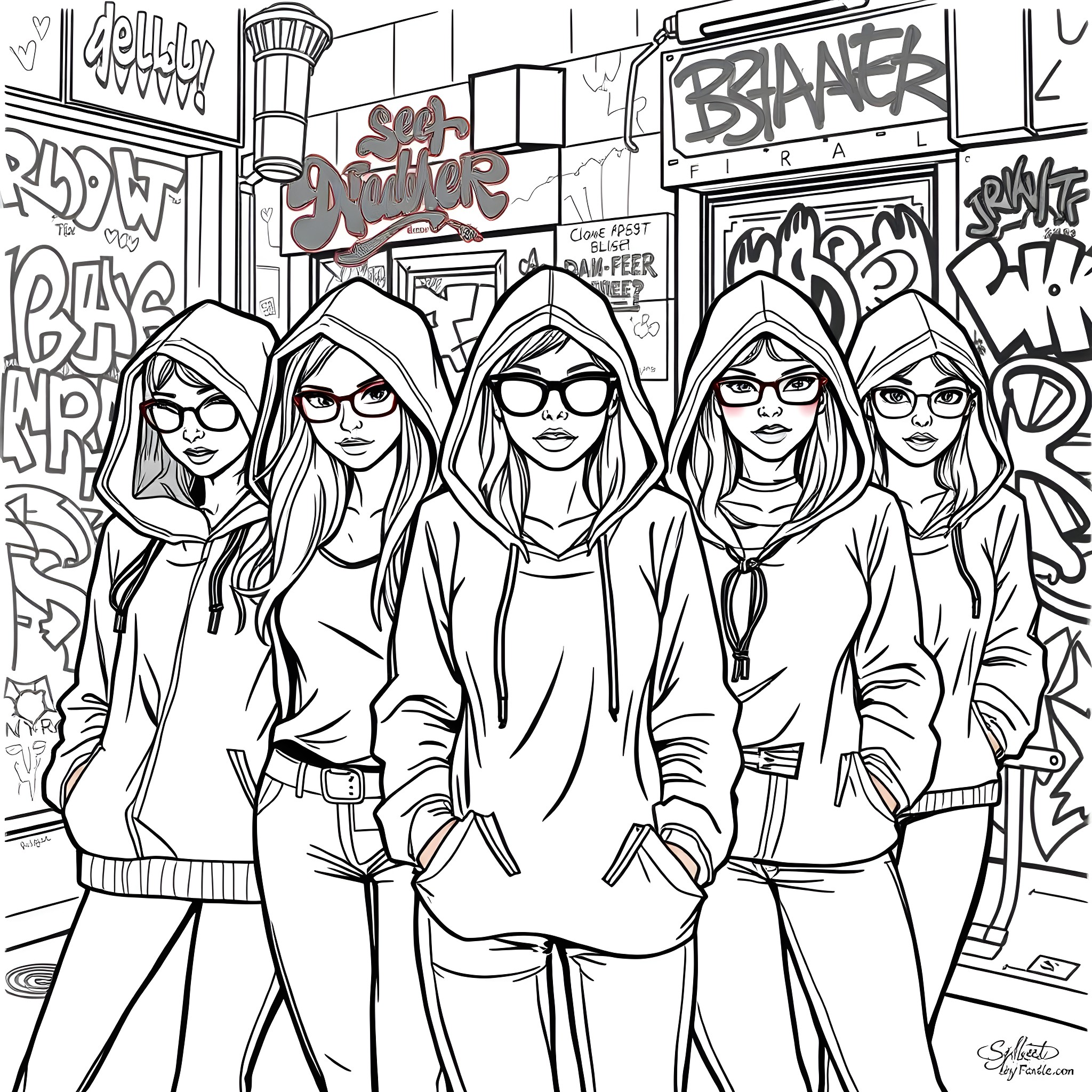 Women in casual urban street outfit with graffiti Coloring Page (free black-and-white line drawing printable PDF for all, from beginners to advanced learners, including children, teens, adults, and seniors)