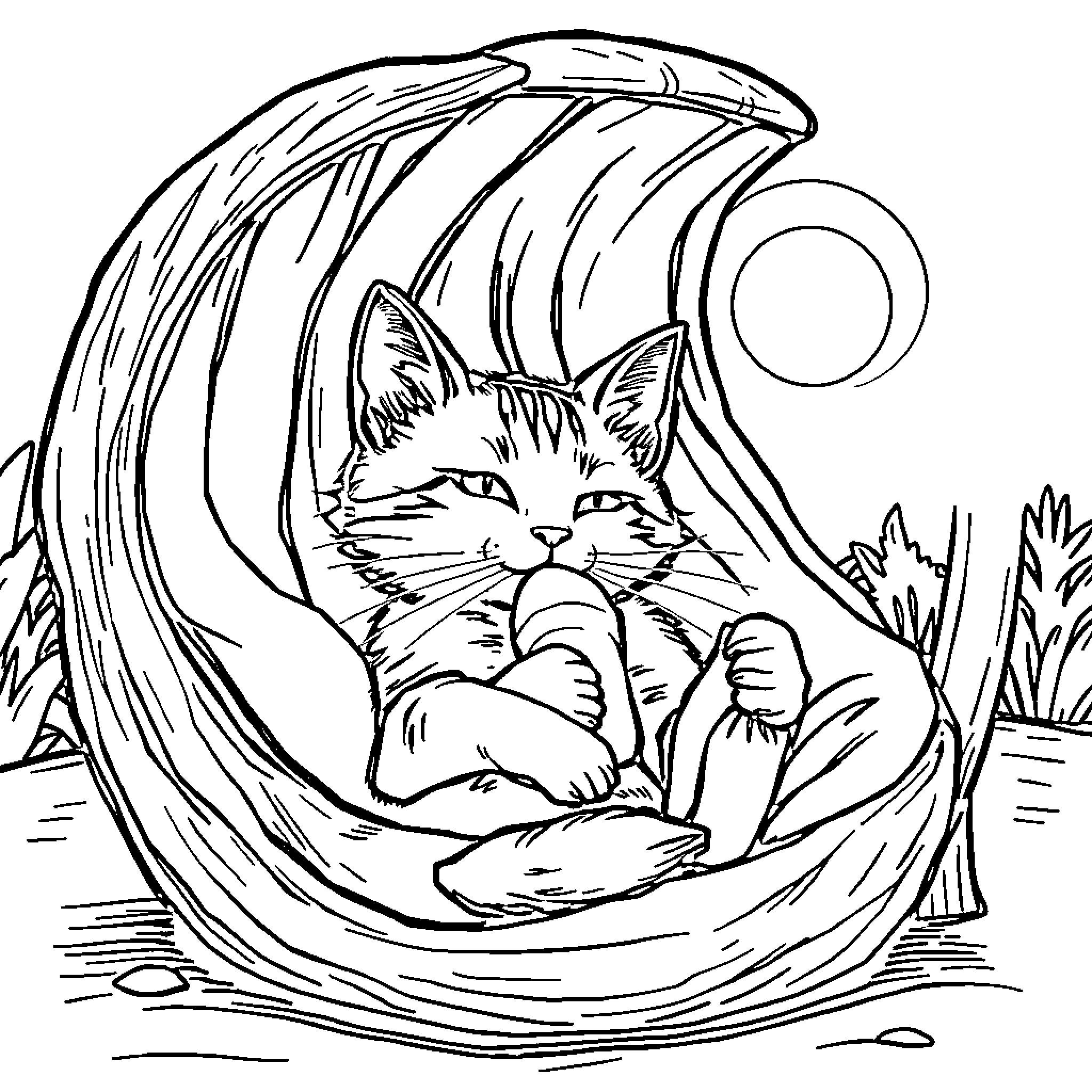 Gato curled up sleeping in a crescent moon Coloring Page (free black-and-white line drawing printable PDF for all, from beginners to advanced learners, including children, teens, adults, and seniors)