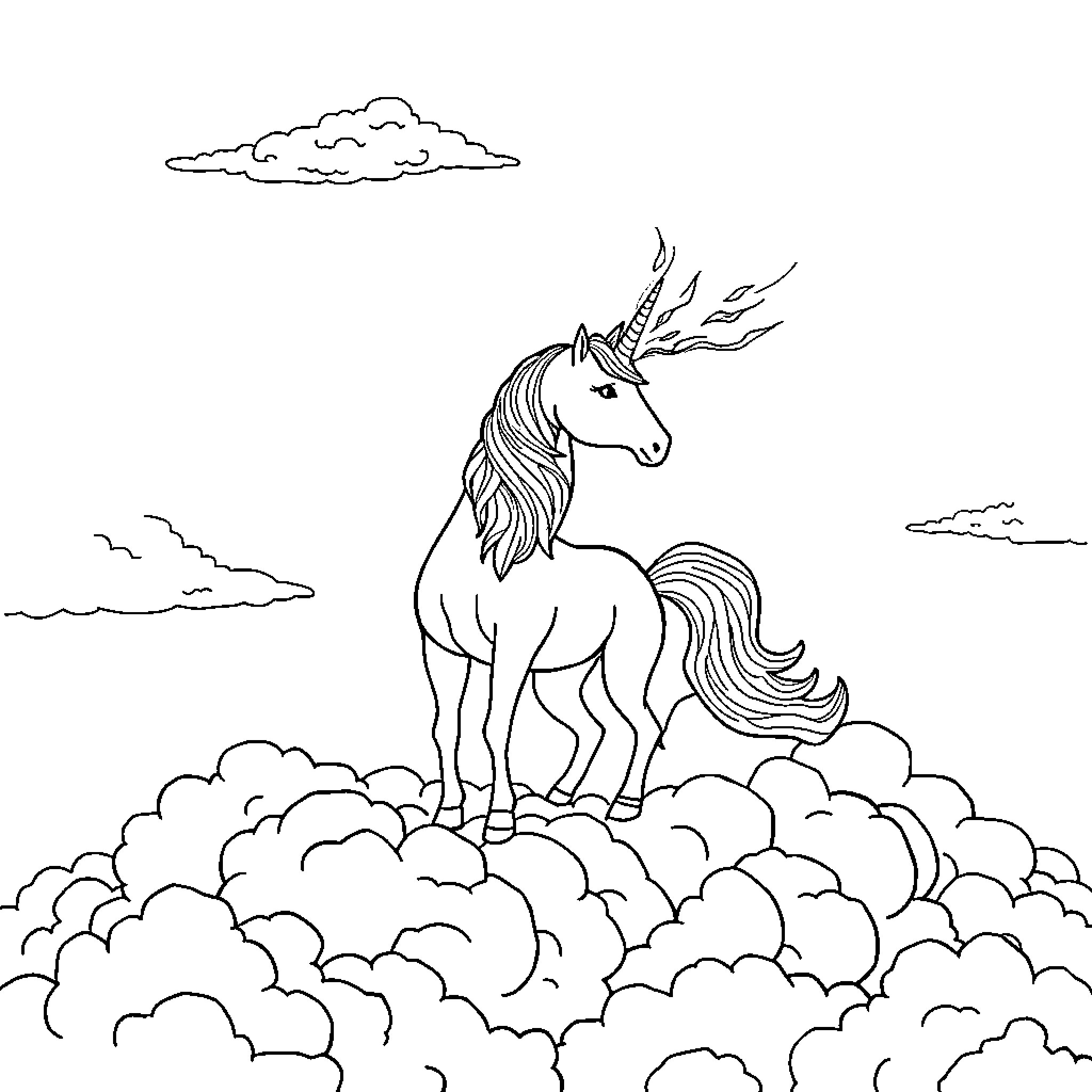 Unicorn standing majestically on a cloud-filled landscape Coloring Page (free black-and-white line drawing printable PDF for all, from beginners to advanced learners, including children, teens, adults, and seniors)