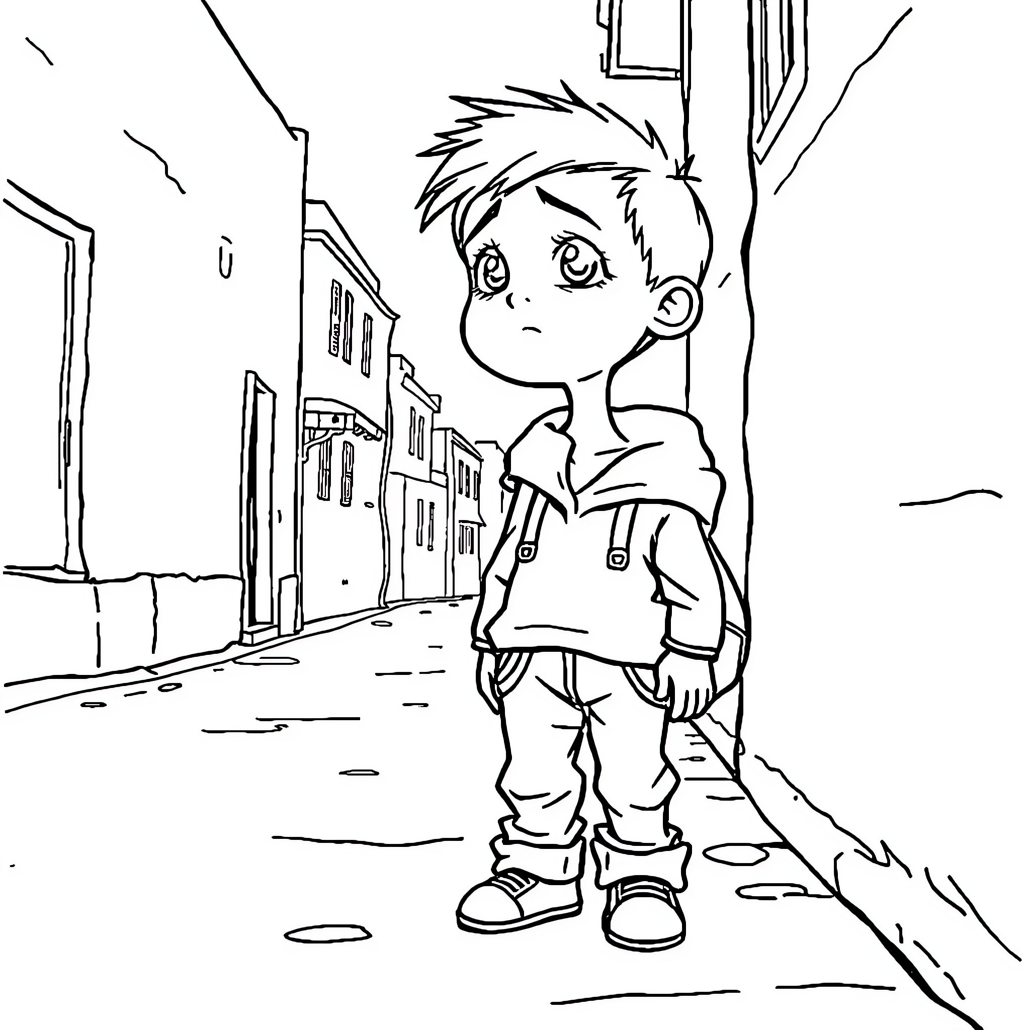 Child standing alone on a city street Coloring Page (free black-and-white line drawing printable PDF for all, from beginners to advanced learners, including children, teens, adults, and seniors)