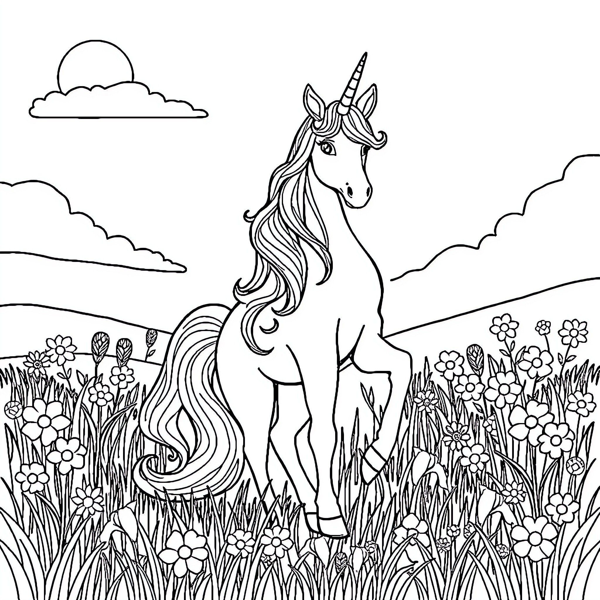 Unicorn standing among blooming flowers in nature Coloring Page (free black-and-white line drawing printable PDF for all, from beginners to advanced learners, including children, teens, adults, and seniors)