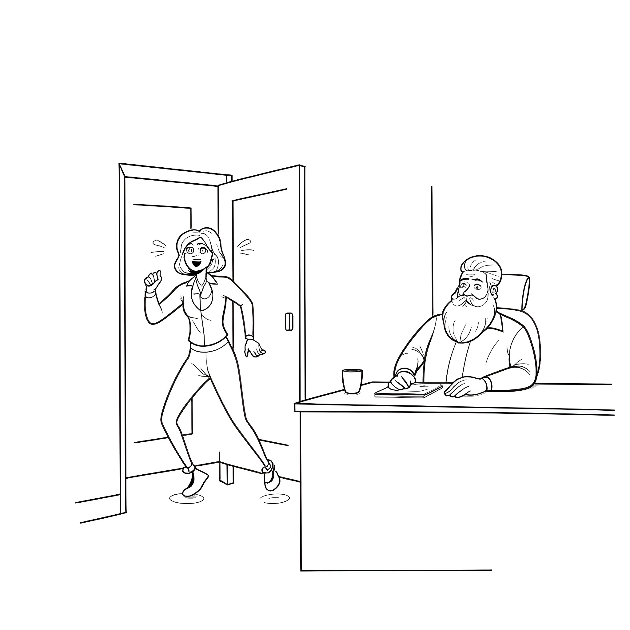 Sales Lady Expressing Enthusiasm at Work Coloring Page (free black-and-white line drawing printable PDF for all, from beginners to advanced learners, including children, teens, adults, and seniors)