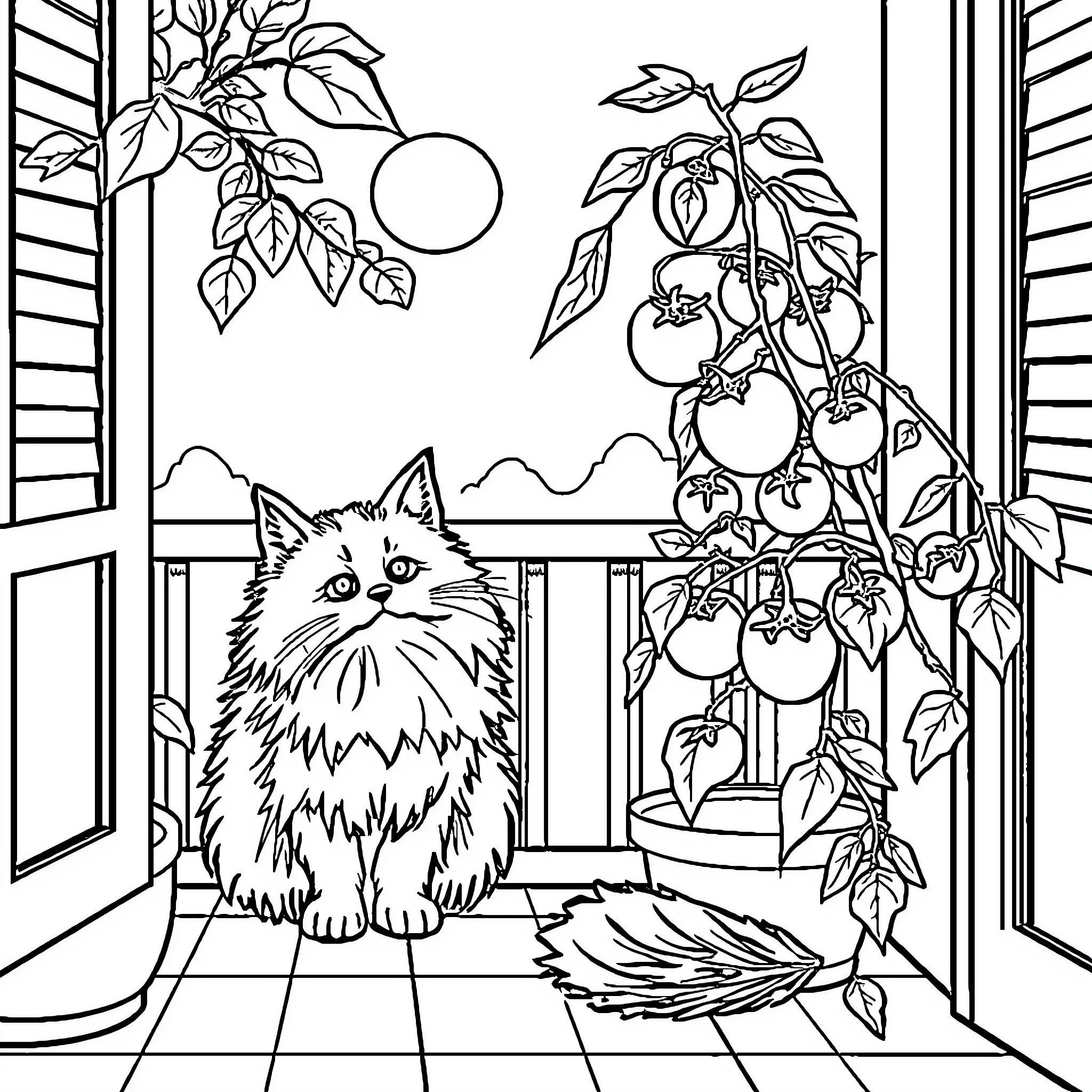 Cat in a cozy indoor garden Coloring Page (free black-and-white line drawing printable PDF for all, from beginners to advanced learners, including children, teens, adults, and seniors)