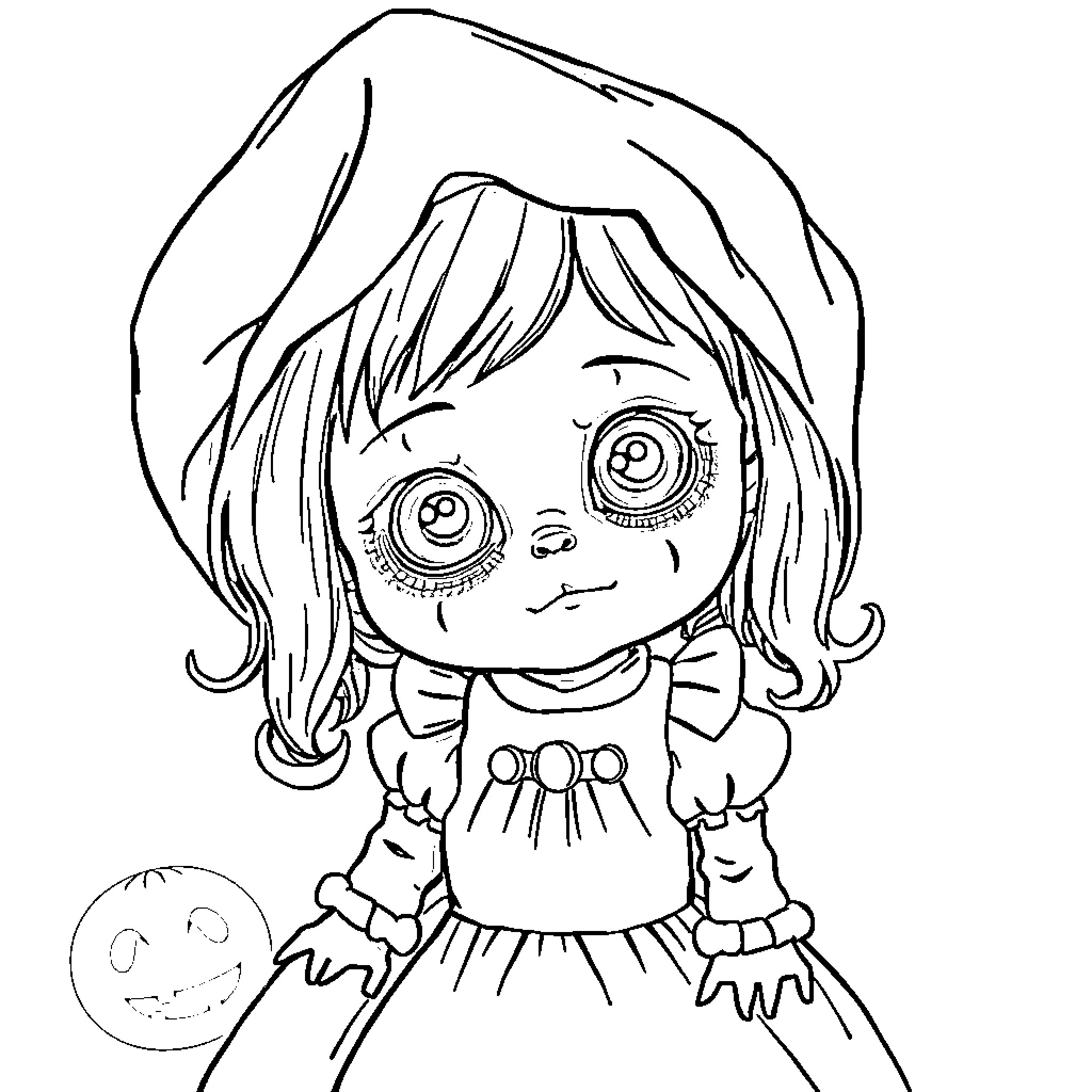 Girl in whimsical dress with big eyes Coloring Page (free black-and-white line drawing printable PDF for all, from beginners to advanced learners, including children, teens, adults, and seniors)