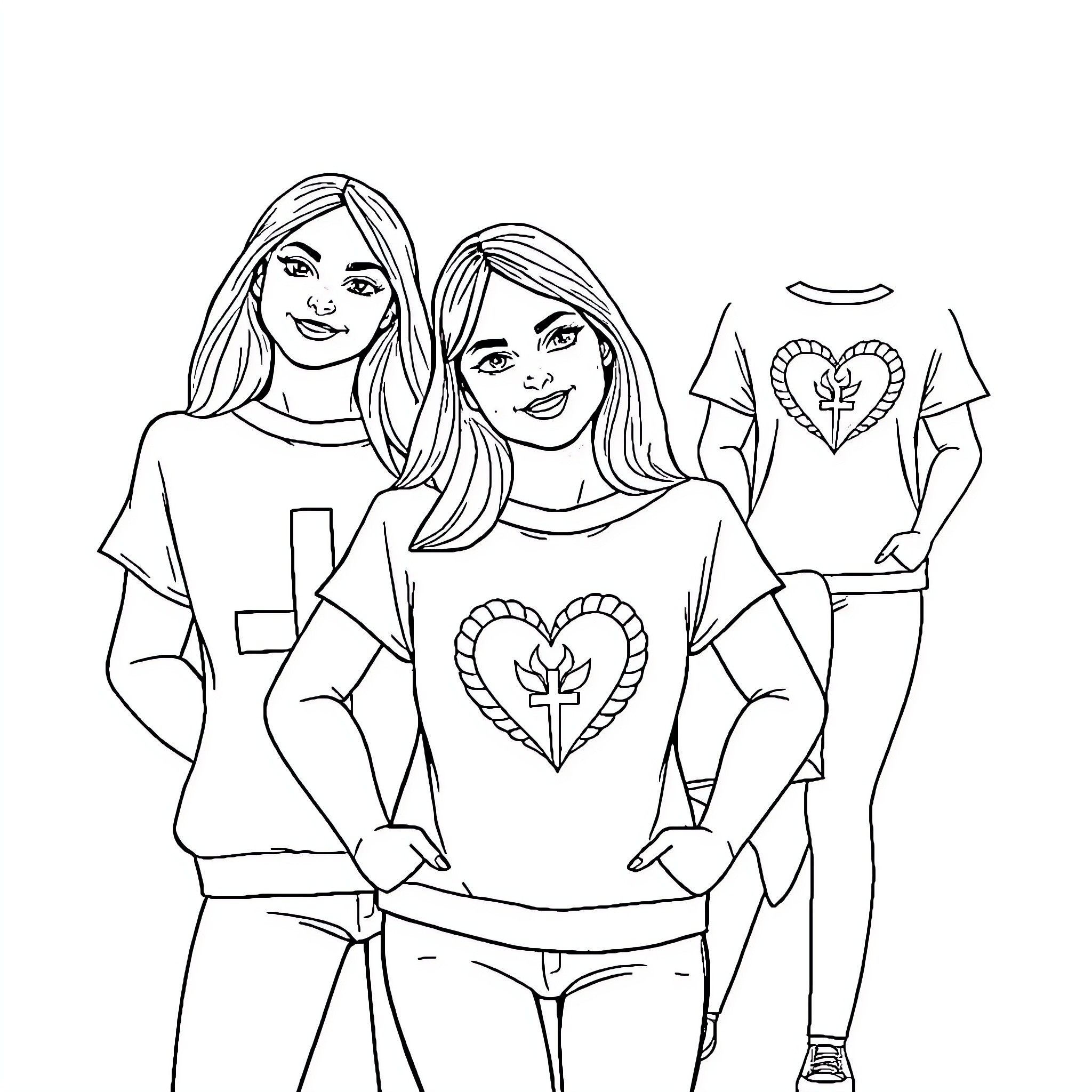 Christian friends sharing joyful expressions and attire Coloring Page (free black-and-white line drawing printable PDF for all, from beginners to advanced learners, including children, teens, adults, and seniors)