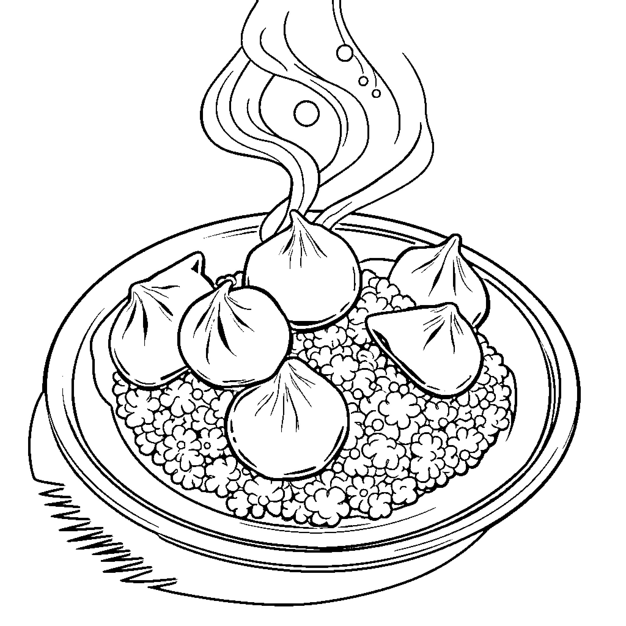 Rice dish with steaming dumplings on a plate Coloring Page (free black-and-white line drawing printable PDF for all, from beginners to advanced learners, including children, teens, adults, and seniors)