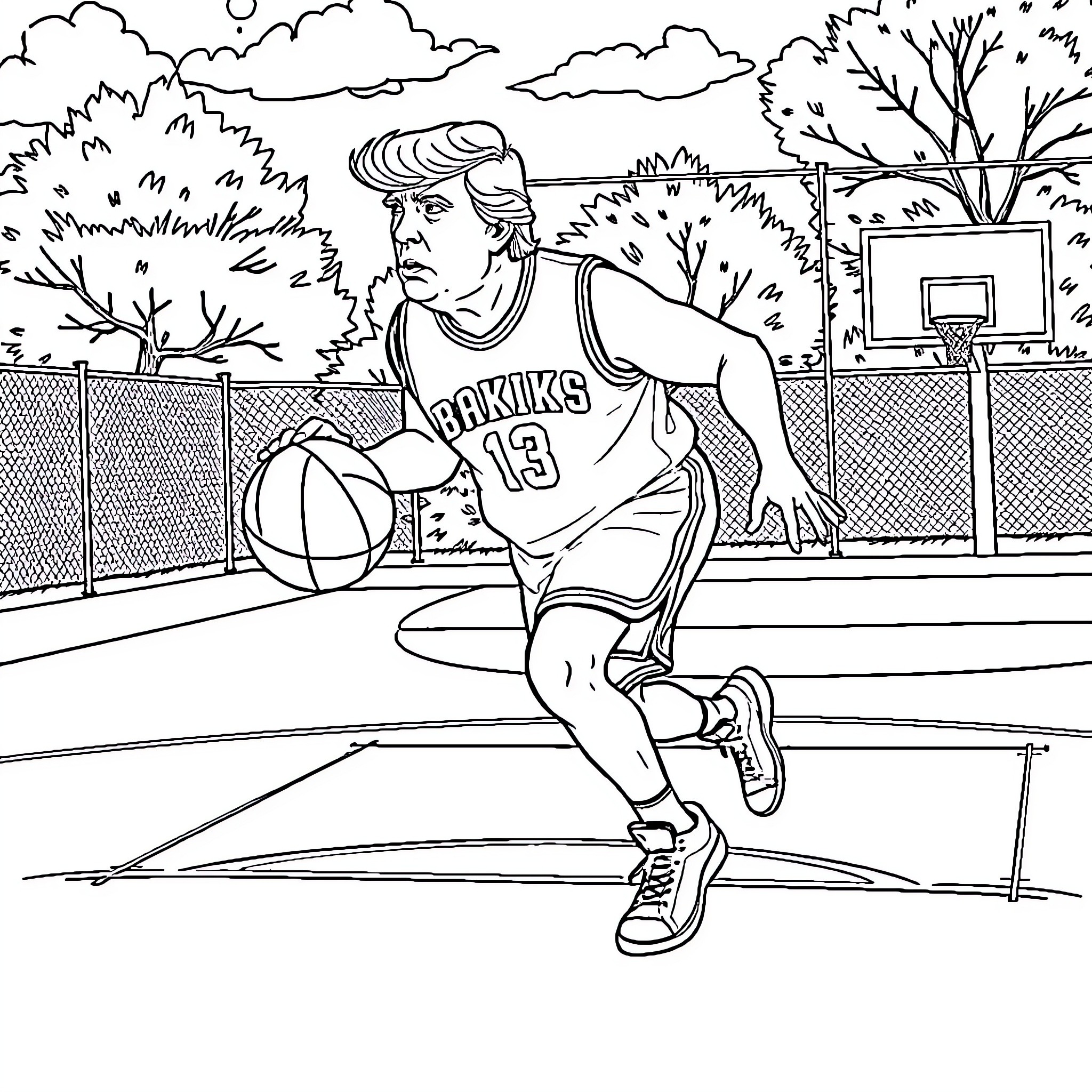 Donald Trump playing basketball on a court Coloring Page (free black-and-white line drawing printable PDF for all, from beginners to advanced learners, including children, teens, adults, and seniors)