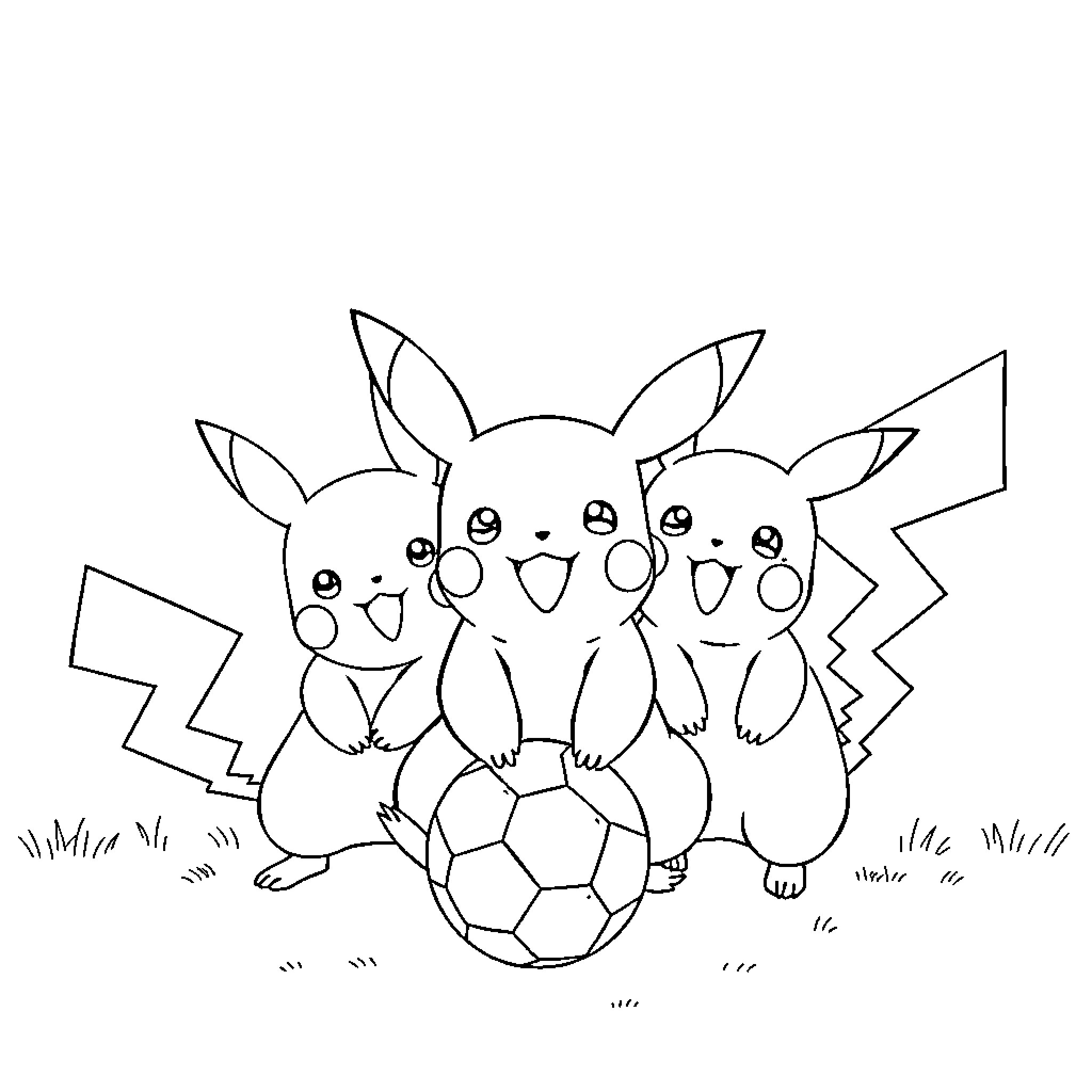 Pikachu playing with friends on the soccer field Coloring Page (free black-and-white line drawing printable PDF for all, from beginners to advanced learners, including children, teens, adults, and seniors)