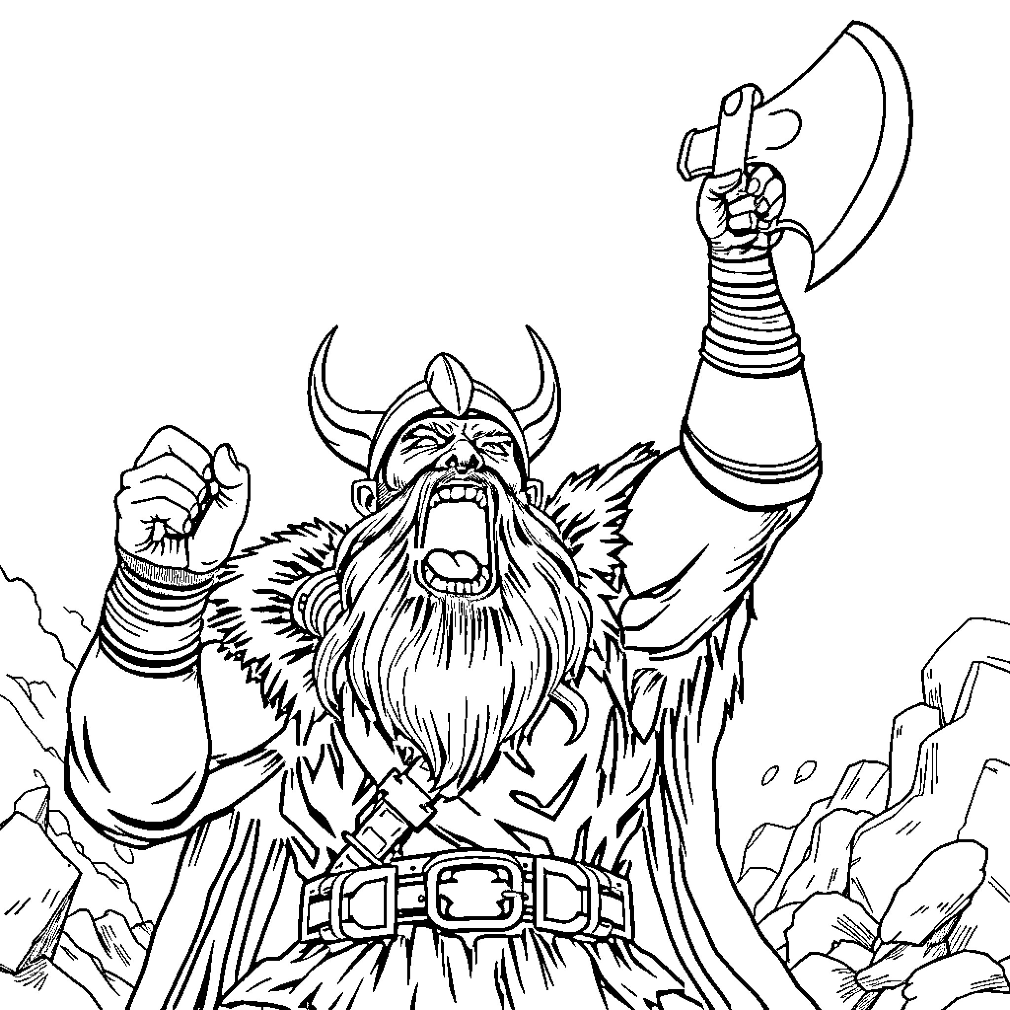Viking Warrior Raising Axe in Battle Cry Coloring Page (free black-and-white line drawing printable PDF for all, from beginners to advanced learners, including children, teens, adults, and seniors)